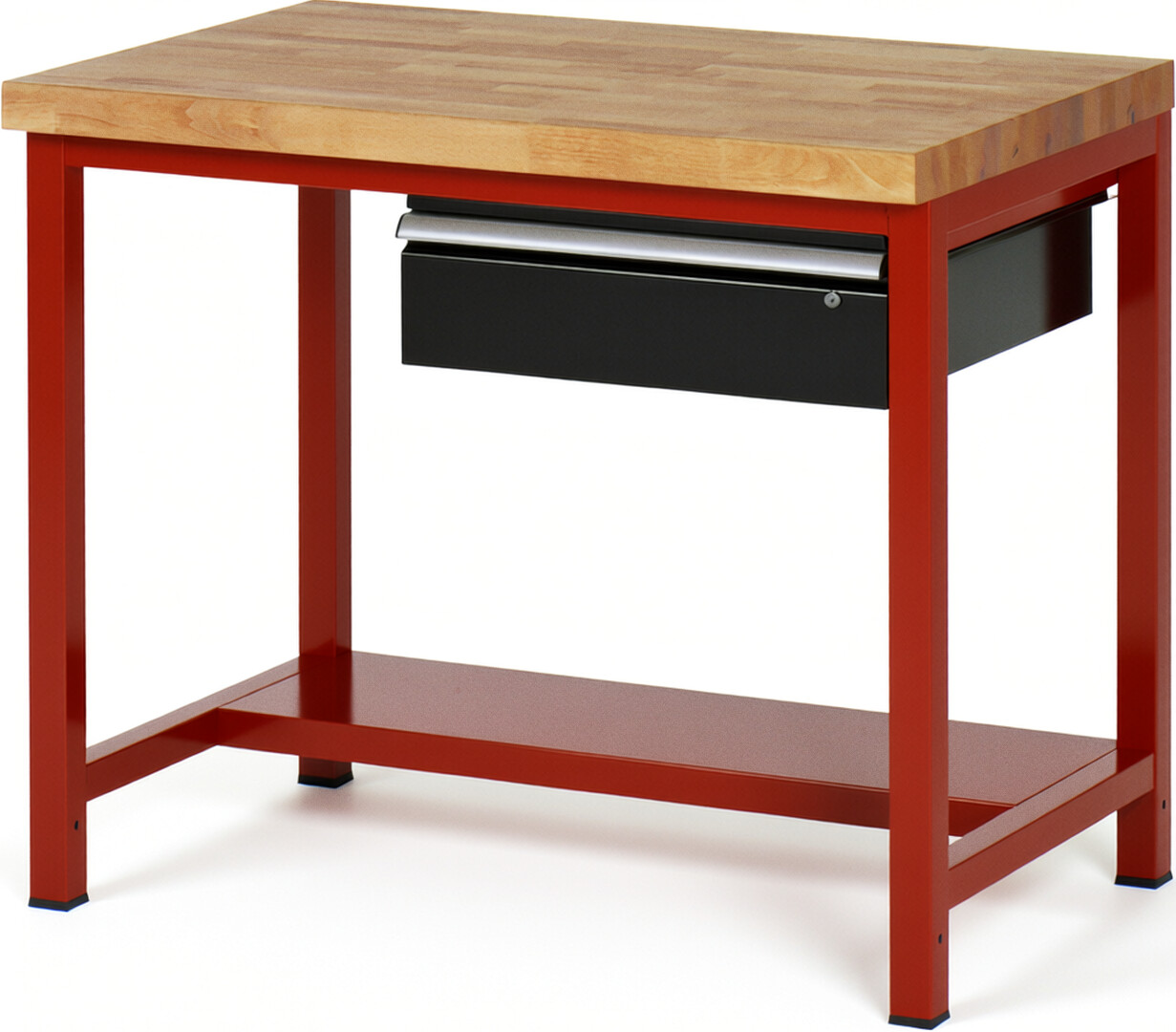 Werkbank Modell 8001 rot - schwarz, BxTxH 1000x700x840 mm,  Buche-Massiv Arbeitsplatte 40 mm,  1 Schublade mit  Auszug 90 %