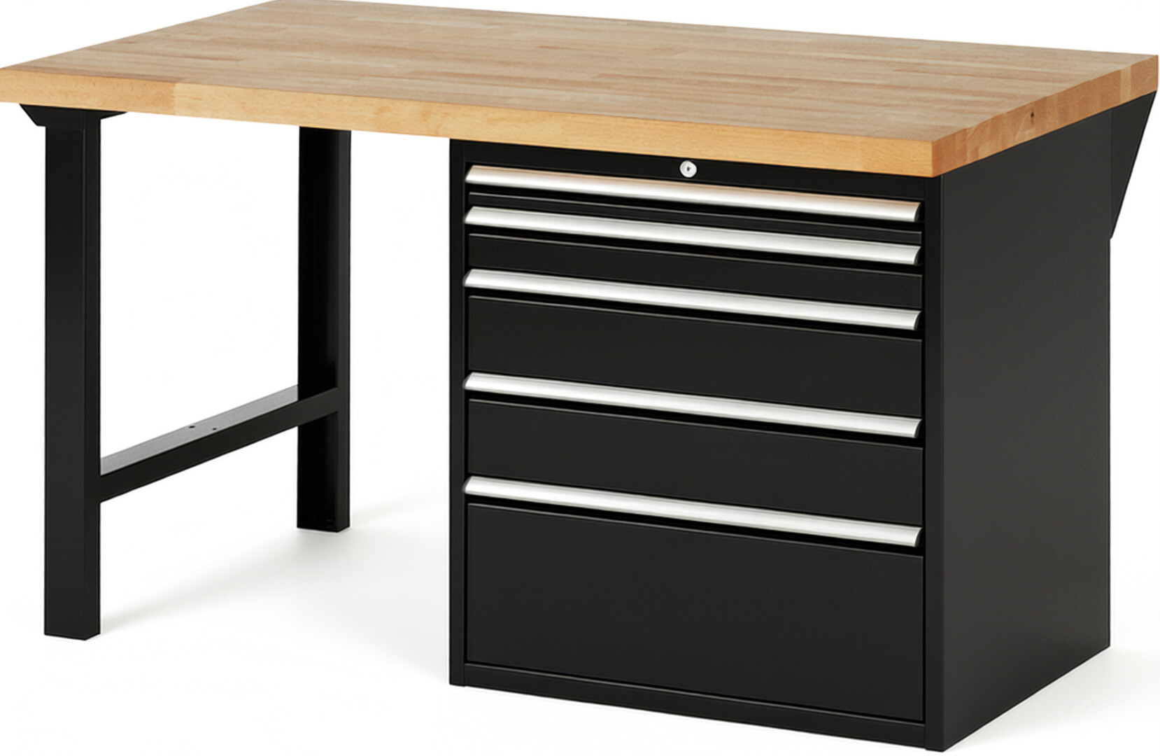 Werkbank Modell 7611 schwarz, BxTxH 1500x900x890 mm,  Buche-Massiv Arbeitsplatte 40 mm,  5 Schubladen mit  Vollauszug 100 % und  SoftClosing