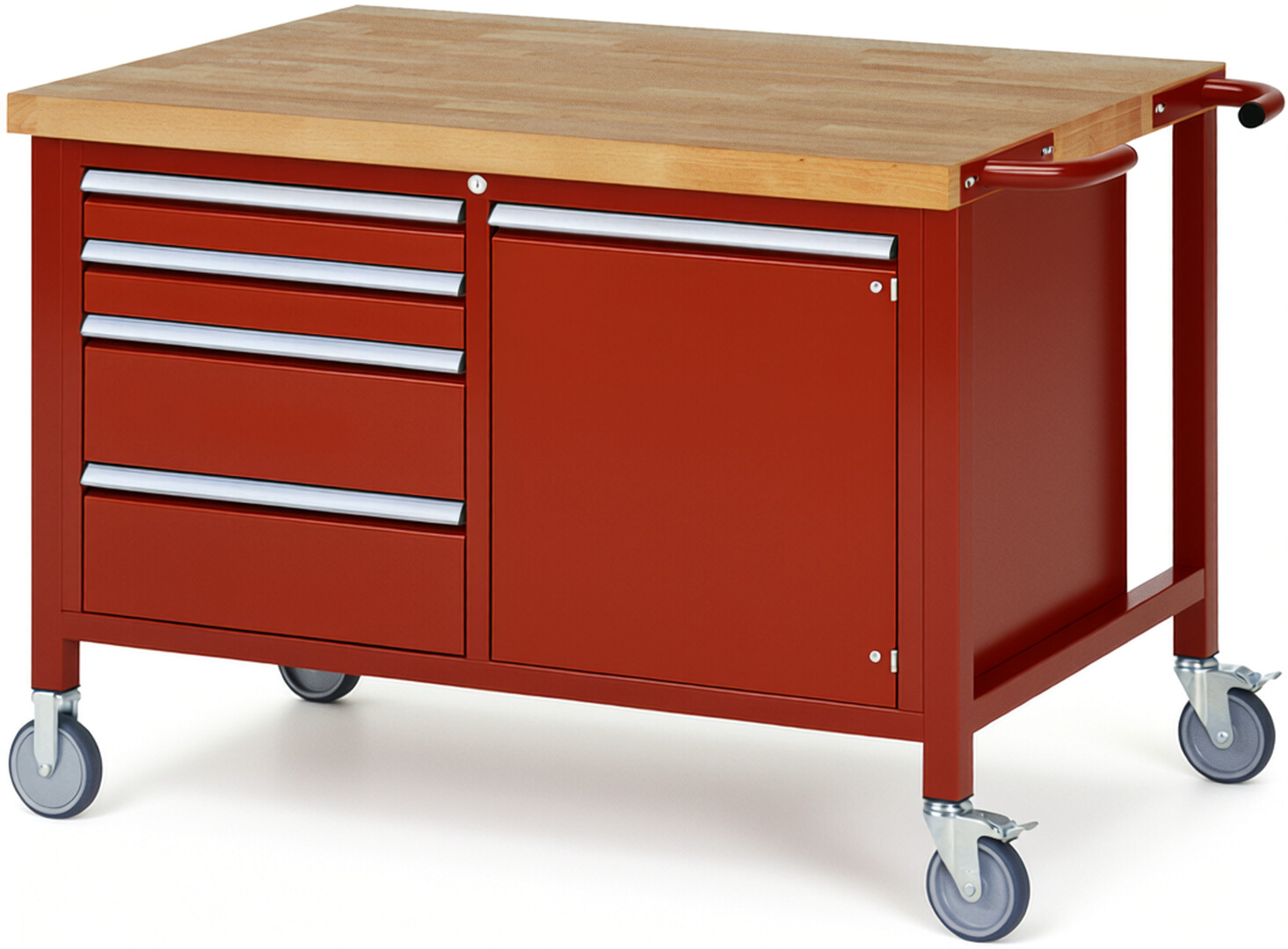 Fahrbare Werkbank Modell 8470 rot, BxTxH 1250x900x880 mm,  Buche-Massiv Arbeitsplatte 40 mm,  4 Schubladen mit  Auszug 90 %
