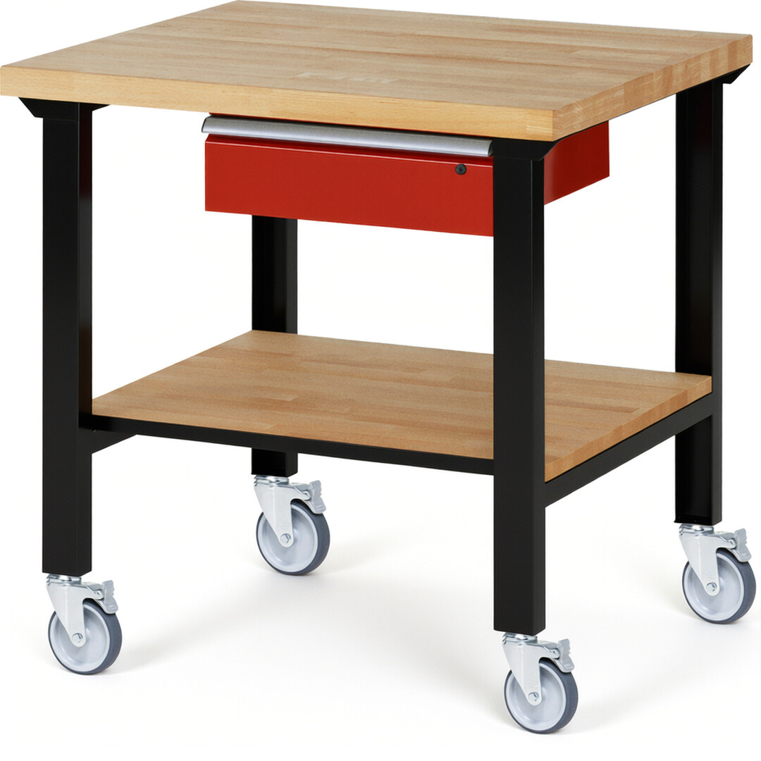 RAU Werkbank schwarz - rot - Breite 100 cm - Tiefe 90 cm - Höhe 100 cm - Buche-Massiv Arbeitsplatte 40 mm