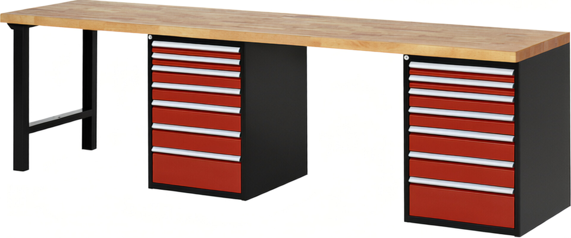 RAU Werkbank schwarz - rot - Breite 300 cm - Tiefe 70 cm - Höhe 89 cm - Buche-Massiv Arbeitsplatte 40 mm
