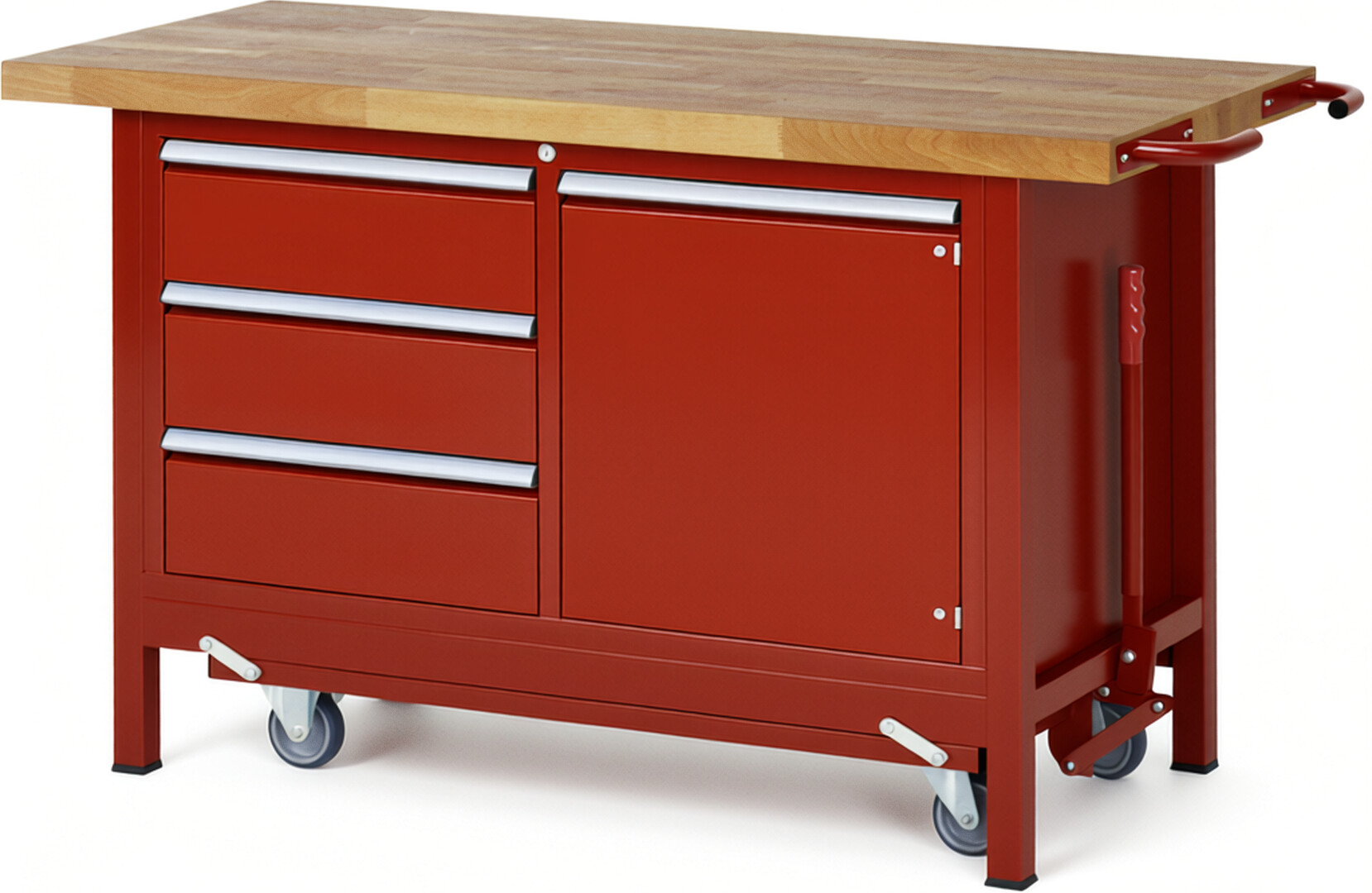 Absenkbare Werkbank Modell 8468 rot, BxTxH 1500x700x880 mm,  Buche-Massiv Arbeitsplatte 40 mm,  3 Schubladen mit  Vollauszug 100 % und  SoftClosing