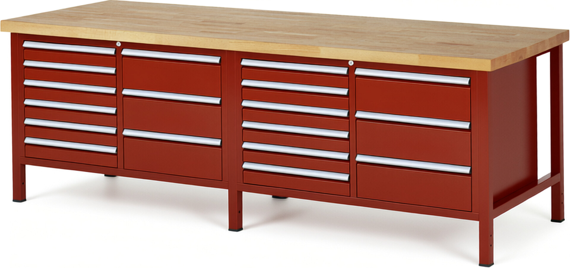 Werkbank Modell 8479 rot, BxTxH 2500x900x840 mm,  Buche-Massiv Arbeitsplatte 40 mm,  18 Schubladen mit  Vollauszug 100 % und  SoftClosing