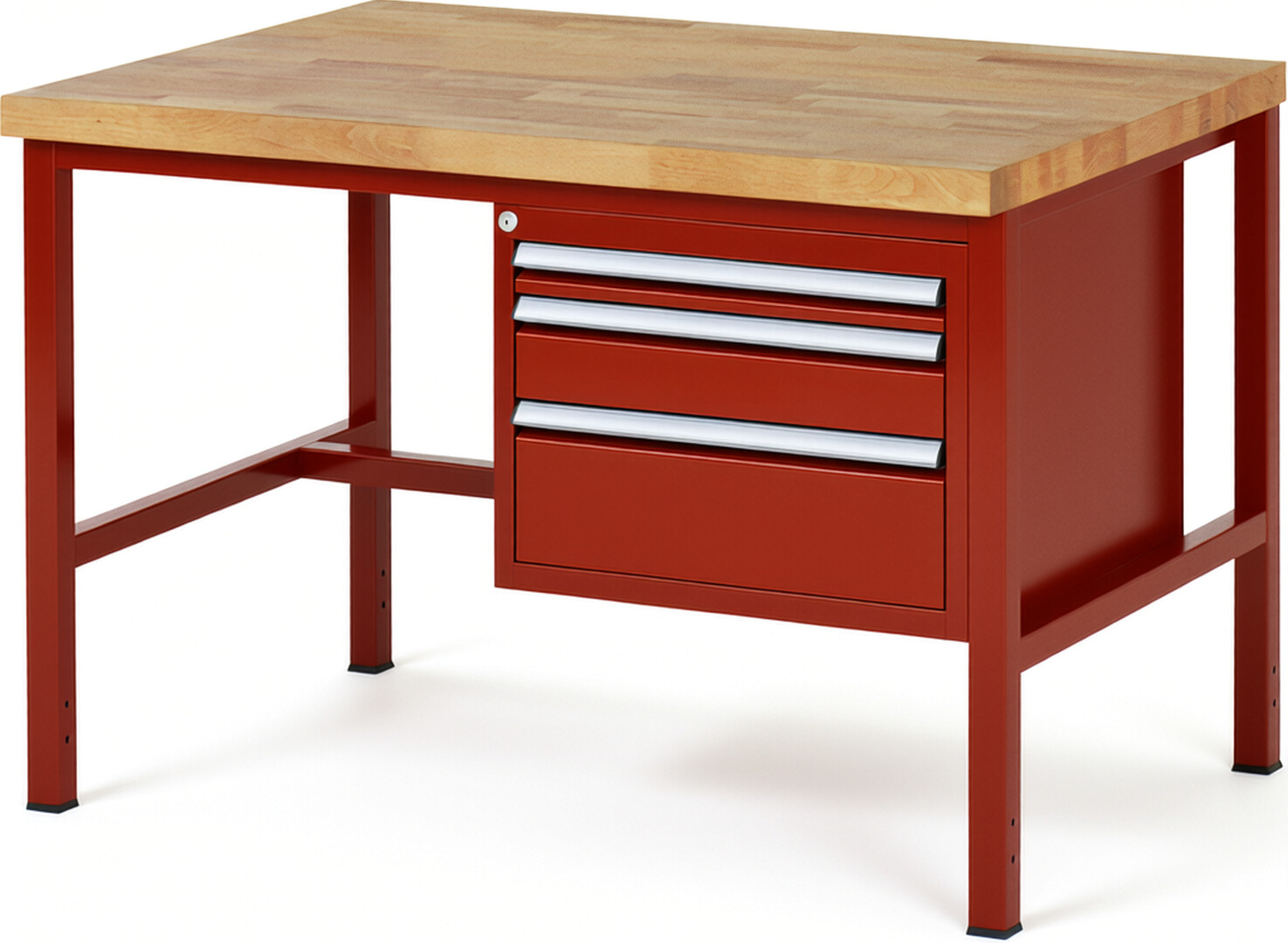 Werkbank Modell 8126 rot, BxTxH 1250x900x840 mm,  Buche-Massiv Arbeitsplatte 40 mm,  3 Schubladen mit  Vollauszug 100 % und  SoftClosing