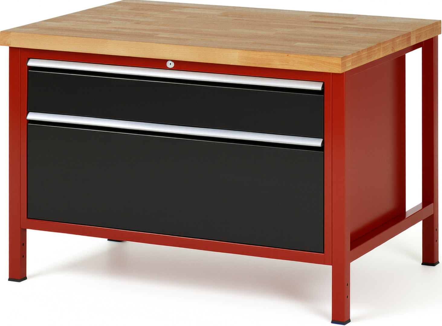 Werkbank Modell 8356 rot - schwarz, BxTxH 1250x900x840 mm,  Buche-Massiv Arbeitsplatte 40 mm,  2 Schubladen mit  Auszug 90 %