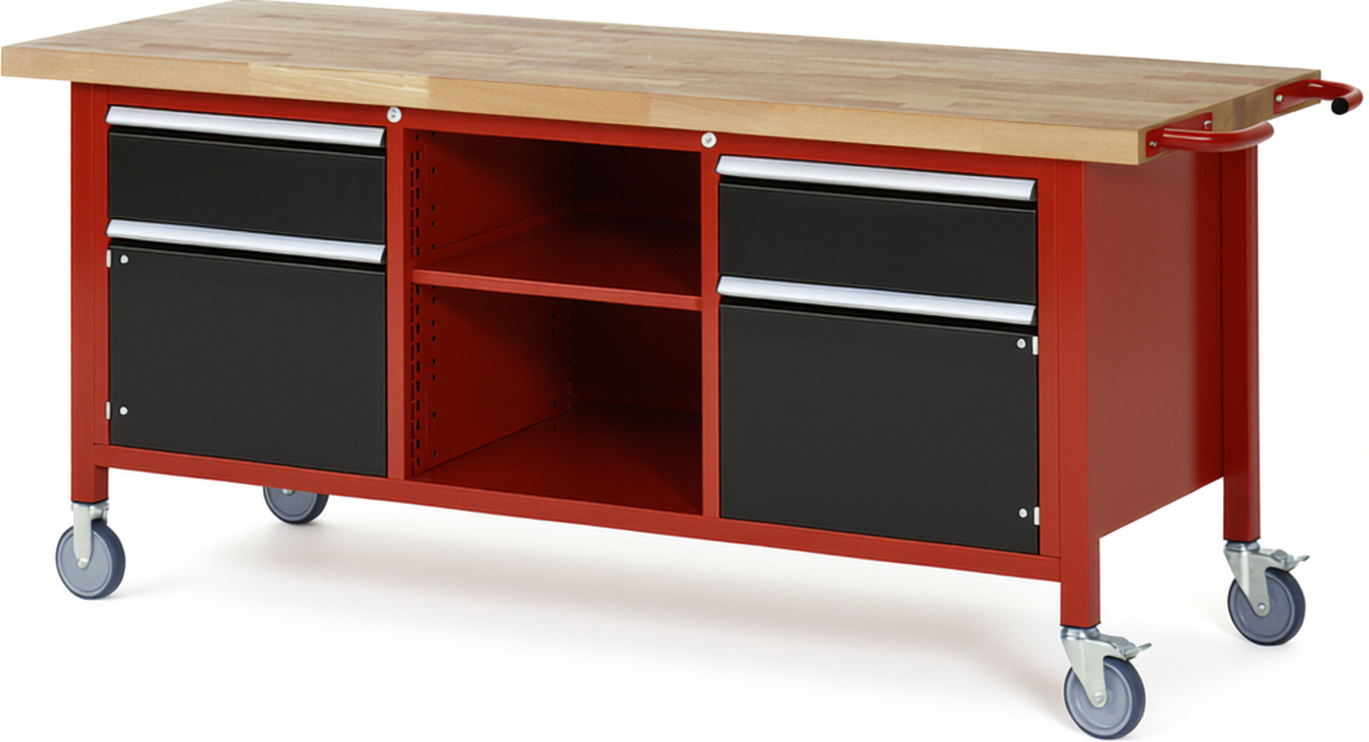 Fahrbare Werkbank Modell 8561 rot - schwarz, BxTxH 2000x700x880 mm,  Buche-Massiv Arbeitsplatte 40 mm,  2 Schubladen mit  Auszug 90 %