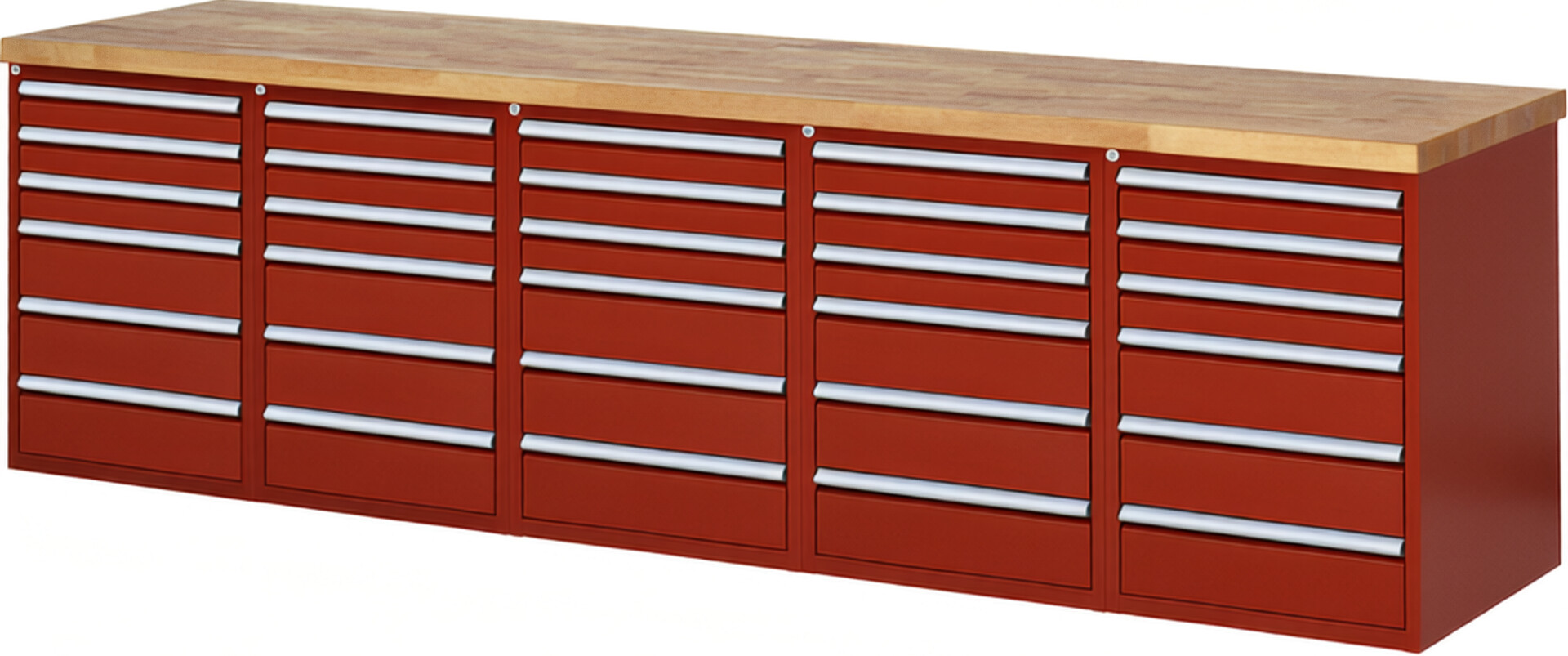 Werkbank Modell 7515 rot, BxTxH 3000x700x890 mm,  Buche-Massiv Arbeitsplatte 40 mm,  30 Schubladen mit  Auszug 90 %