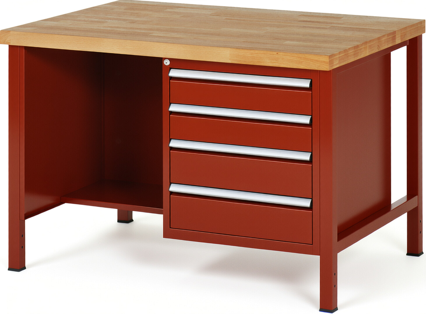 Werkbank Modell 8453 rot, BxTxH 1250x900x840 mm,  Buche-Massiv Arbeitsplatte 40 mm,  4 Schubladen mit  Auszug 90 %