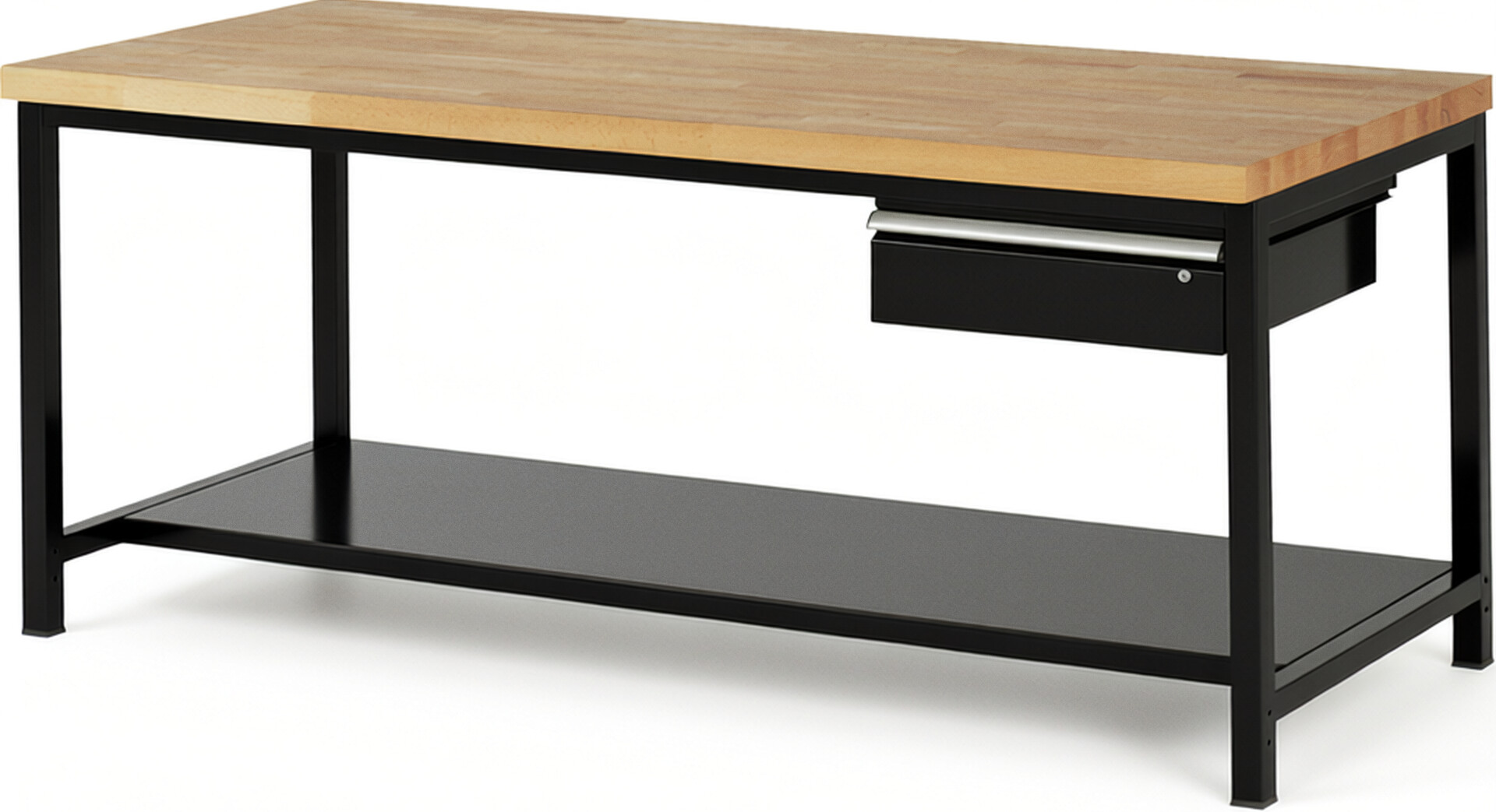Werkbank Modell 8001 schwarz, BxTxH 2000x900x840 mm,  Buche-Massiv Arbeitsplatte 40 mm,  1 Schublade mit  Auszug 90 %