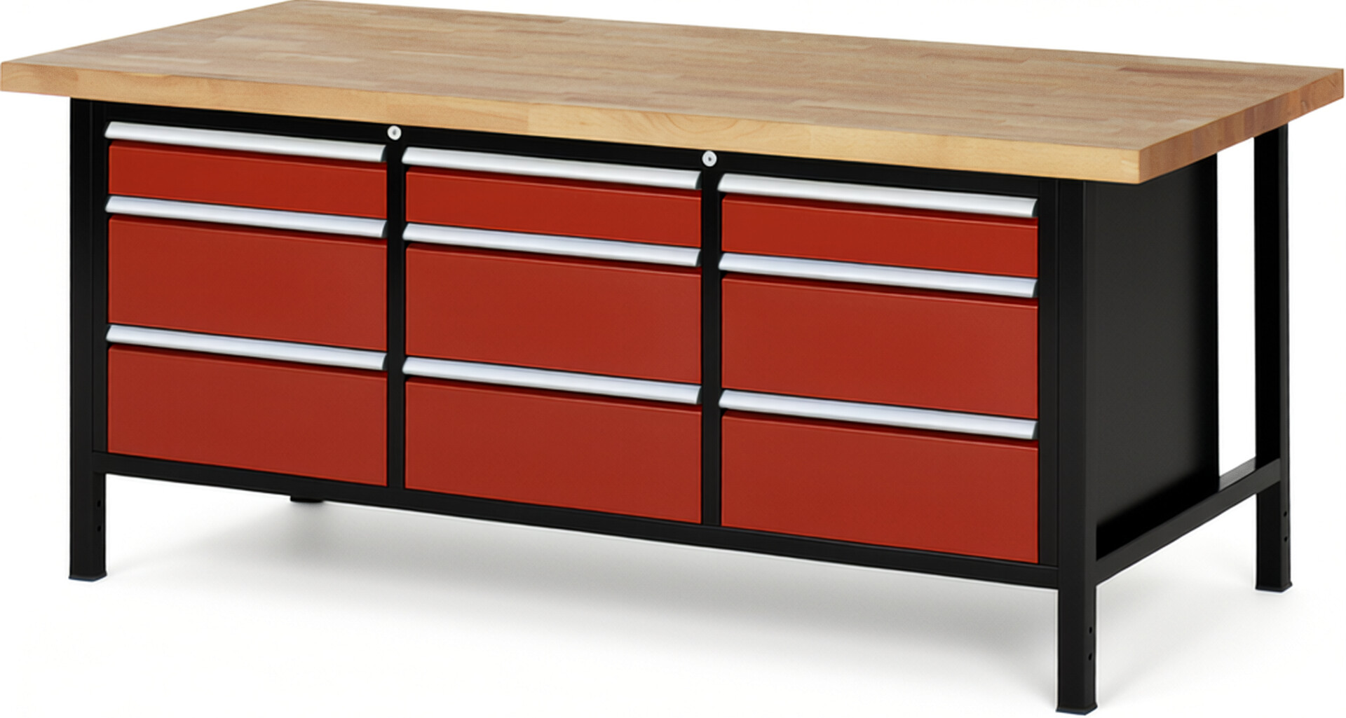 RAU Werkbank schwarz - rot - Breite 200 cm - Tiefe 90 cm - Höhe 104 cm - Buche-Massiv Arbeitsplatte 40 mm