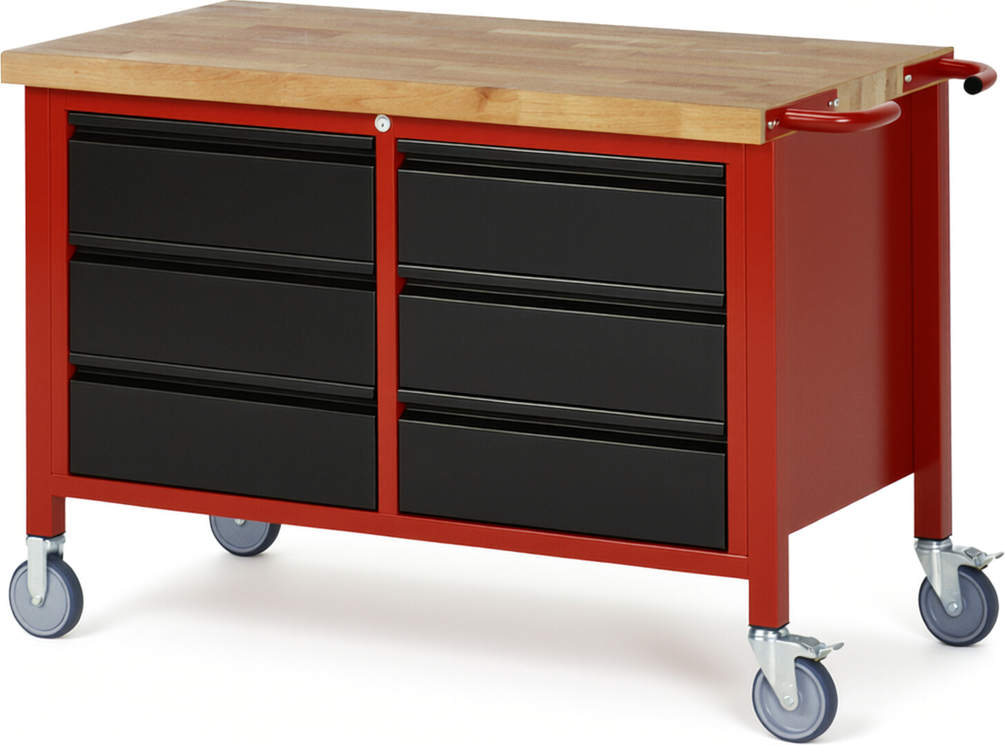 Fahrbare Werkbank - Modell 8473 BASIC rot - schwarz, BxTxH 1250x700x880 mm,  Buche-Massiv Arbeitsplatte 40 mm,  6 Schubladen mit  Auszug 90 %