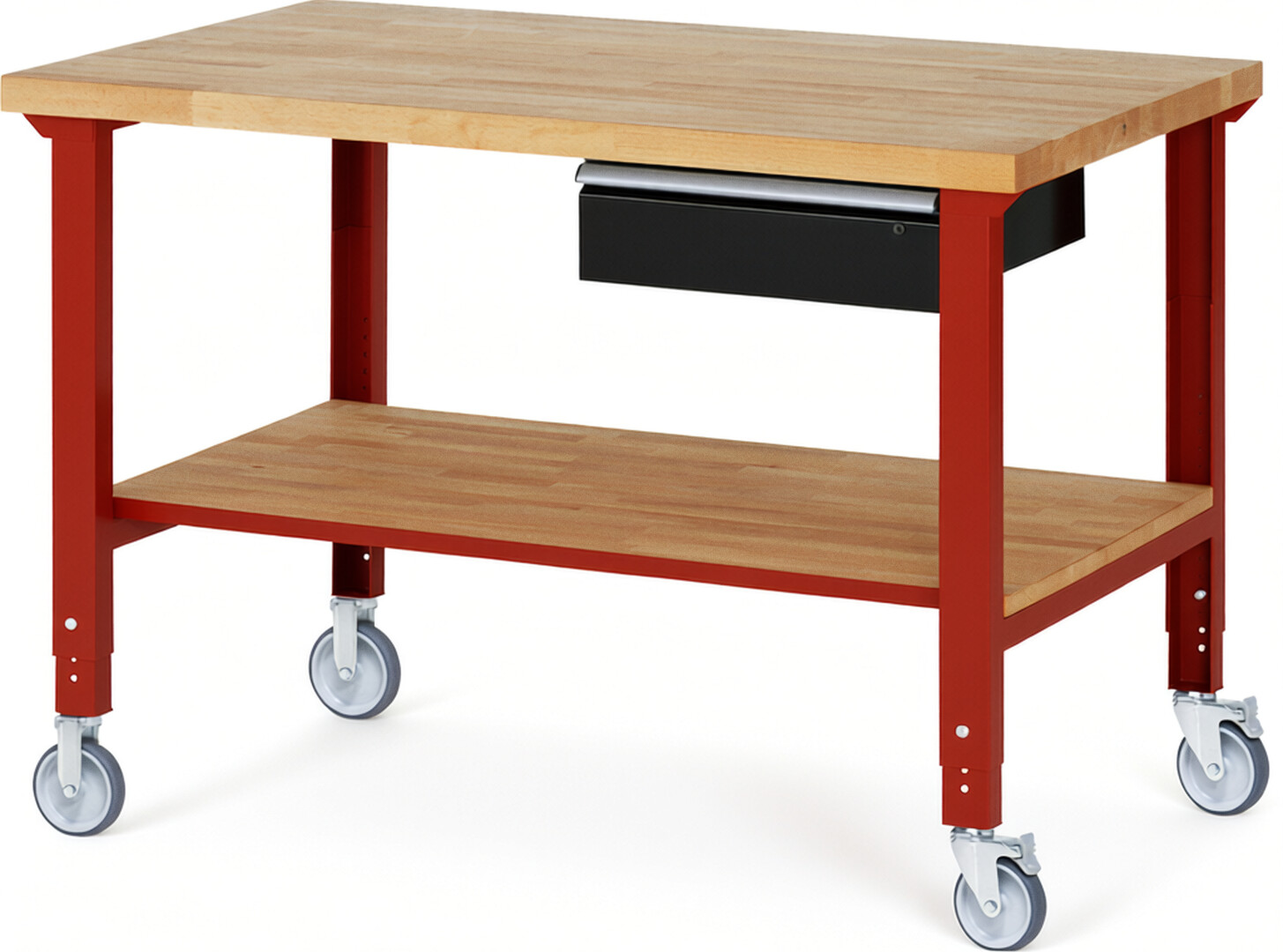 Fahrbare Werkbank Modell 7001 rot - schwarz, BxTxH 1500x900x950-1000 mm,  Buche-Massiv Arbeitsplatte 40 mm,  1 Schublade mit  Auszug 90 %