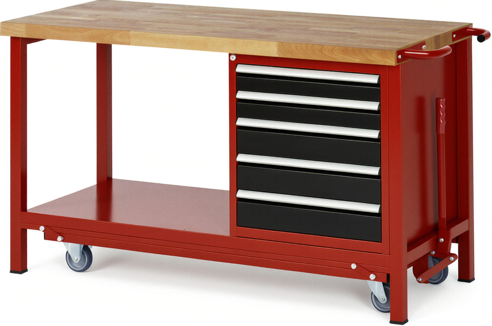 Absenkbare Werkbank Modell 8171 rot - schwarz, BxTxH 1500x700x880 mm,  Buche-Massiv Arbeitsplatte 40 mm,  5 Schubladen mit  Vollauszug 100 % und  SoftClosing