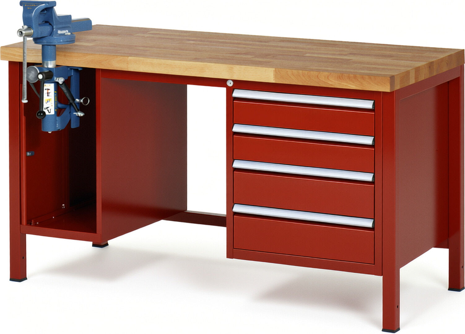 Werkbank Modell 8185 rot, BxTxH 1500x700x840-1040 mm,  Buche-Massiv Arbeitsplatte 40 mm,  4 Schubladen mit  Auszug 90 %