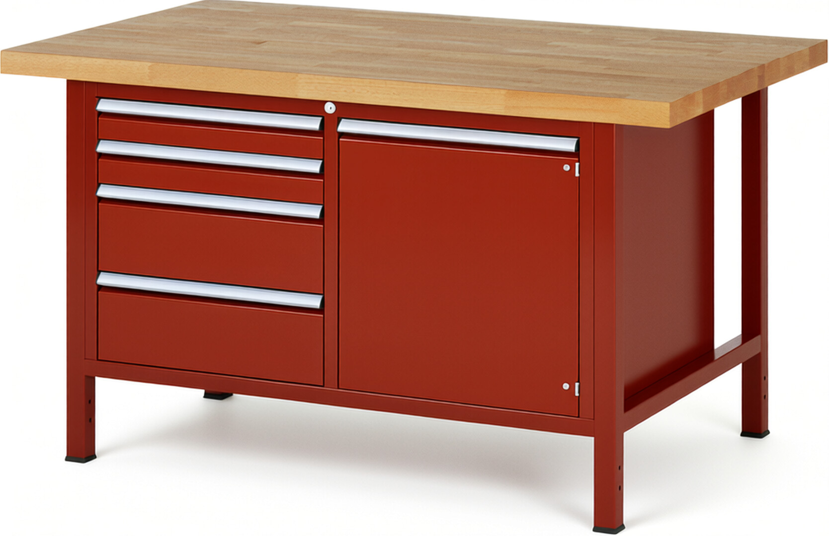 Werkbank Modell 8470 rot, BxTxH 1500x900x840-1040 mm,  Buche-Massiv Arbeitsplatte 40 mm,  4 Schubladen mit  Auszug 90 %
