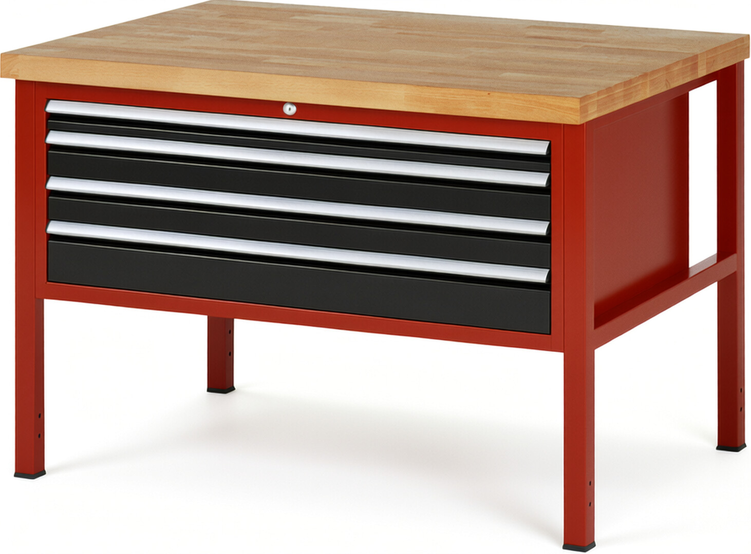 Werkbank Modell 8332 rot - schwarz, BxTxH 1250x900x840 mm,  Buche-Massiv Arbeitsplatte 40 mm,  4 Schubladen mit  Vollauszug 100 % und  SoftClosing