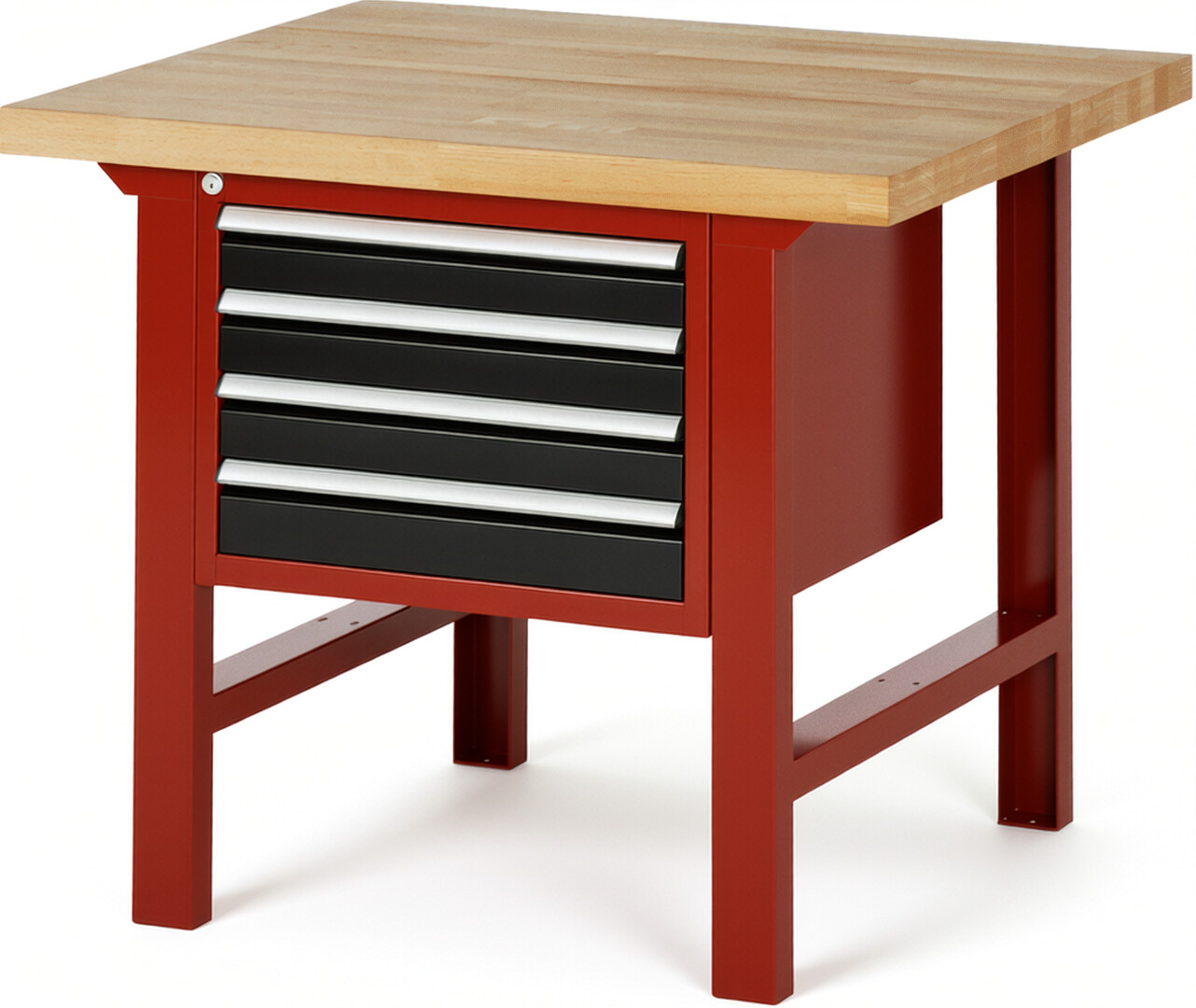 Werkbank Modell 7133 rot - schwarz, BxTxH 1000x900x840 mm,  Buche-Massiv Arbeitsplatte 40 mm,  4 Schubladen mit  Auszug 90 %