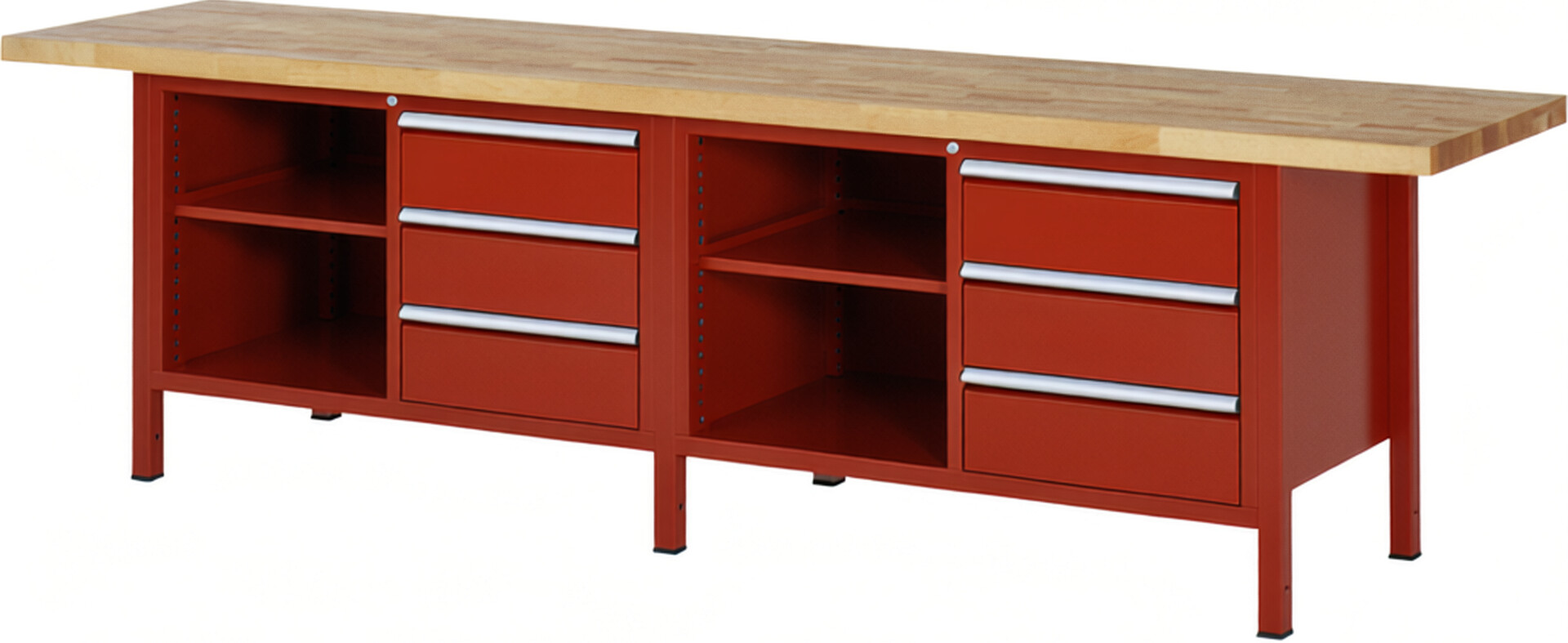 Werkbank Modell 8462 rot, BxTxH 3000x700x840 mm,  Buche-Massiv Arbeitsplatte 40 mm,  6 Schubladen mit  Vollauszug 100 % und  SoftClosing