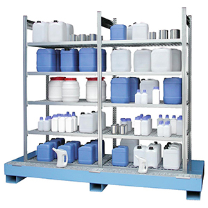 Kleingebinderegal mit 2x5 Gitterrostböden und 1 Auffangwanne RAL 5015