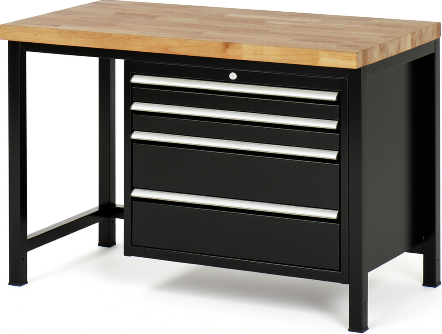 Werkbank Modell 8261 schwarz, BxTxH 1250x700x840 mm,  Buche-Massiv Arbeitsplatte 40 mm,  4 Schubladen mit  Vollauszug 100 % und  SoftClosing
