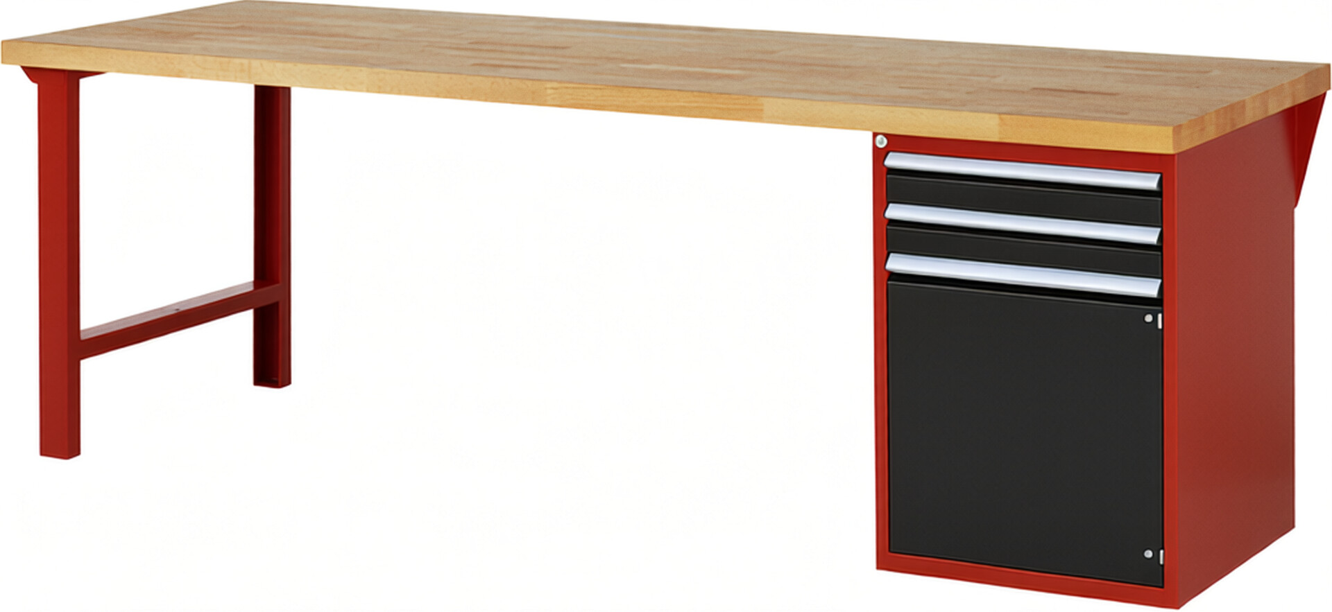 Werkbank Modell 7503 rot - schwarz, BxTxH 2500x900x840 mm,  Buche-Massiv Arbeitsplatte 40 mm,  2 Schubladen mit  Auszug 90 %