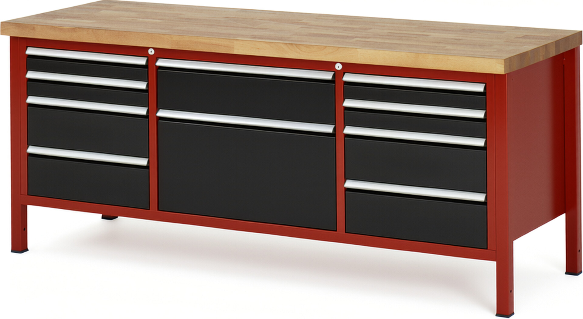 Werkbank Modell 8755 rot - schwarz, BxTxH 2000x700x840 mm,  Buche-Massiv Arbeitsplatte 40 mm,  10 Schubladen mit  Vollauszug 100 % und  SoftClosing