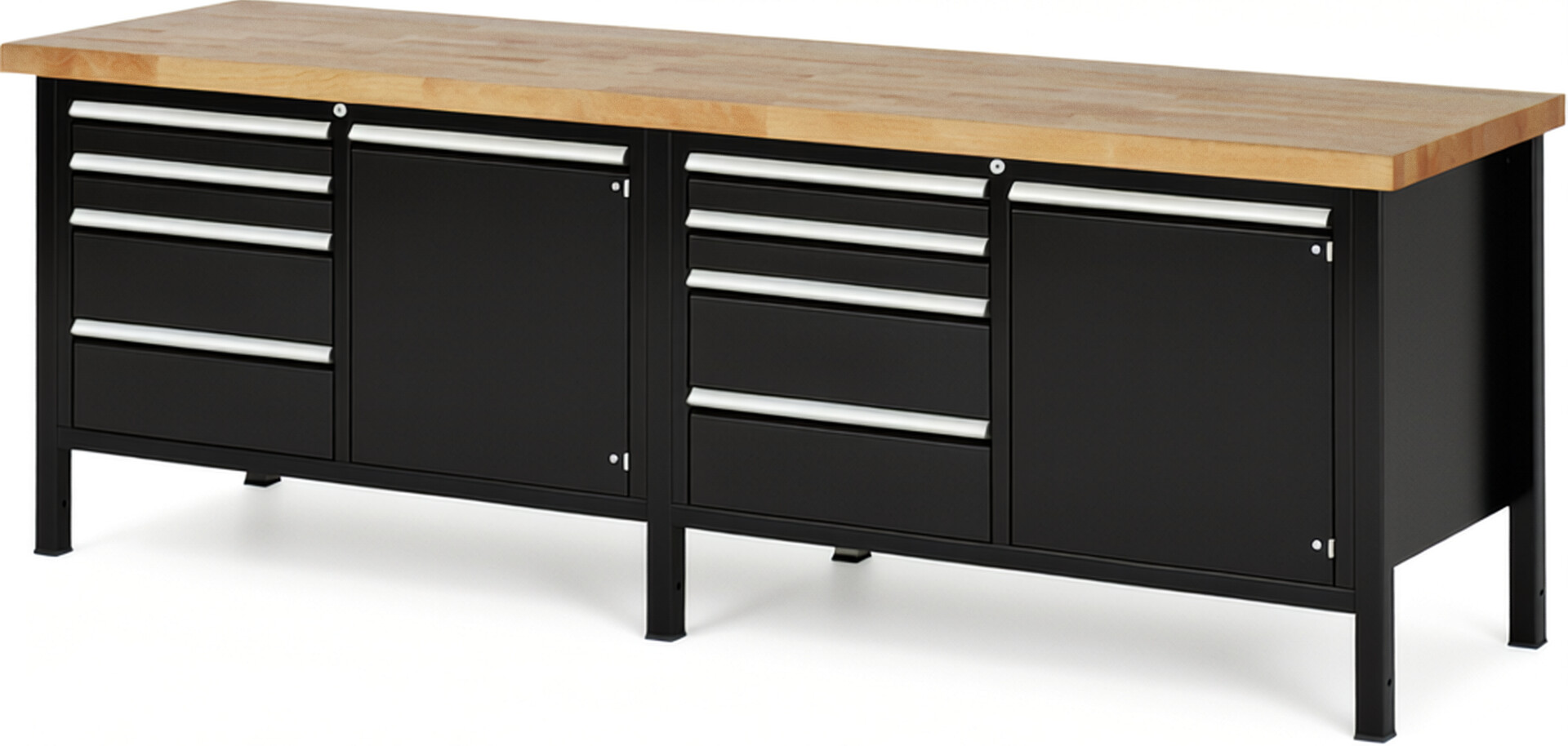 Werkbank Modell 8470 schwarz, BxTxH 2500x700x840-1040 mm,  Buche-Massiv Arbeitsplatte 40 mm,  8 Schubladen mit  Auszug 90 %