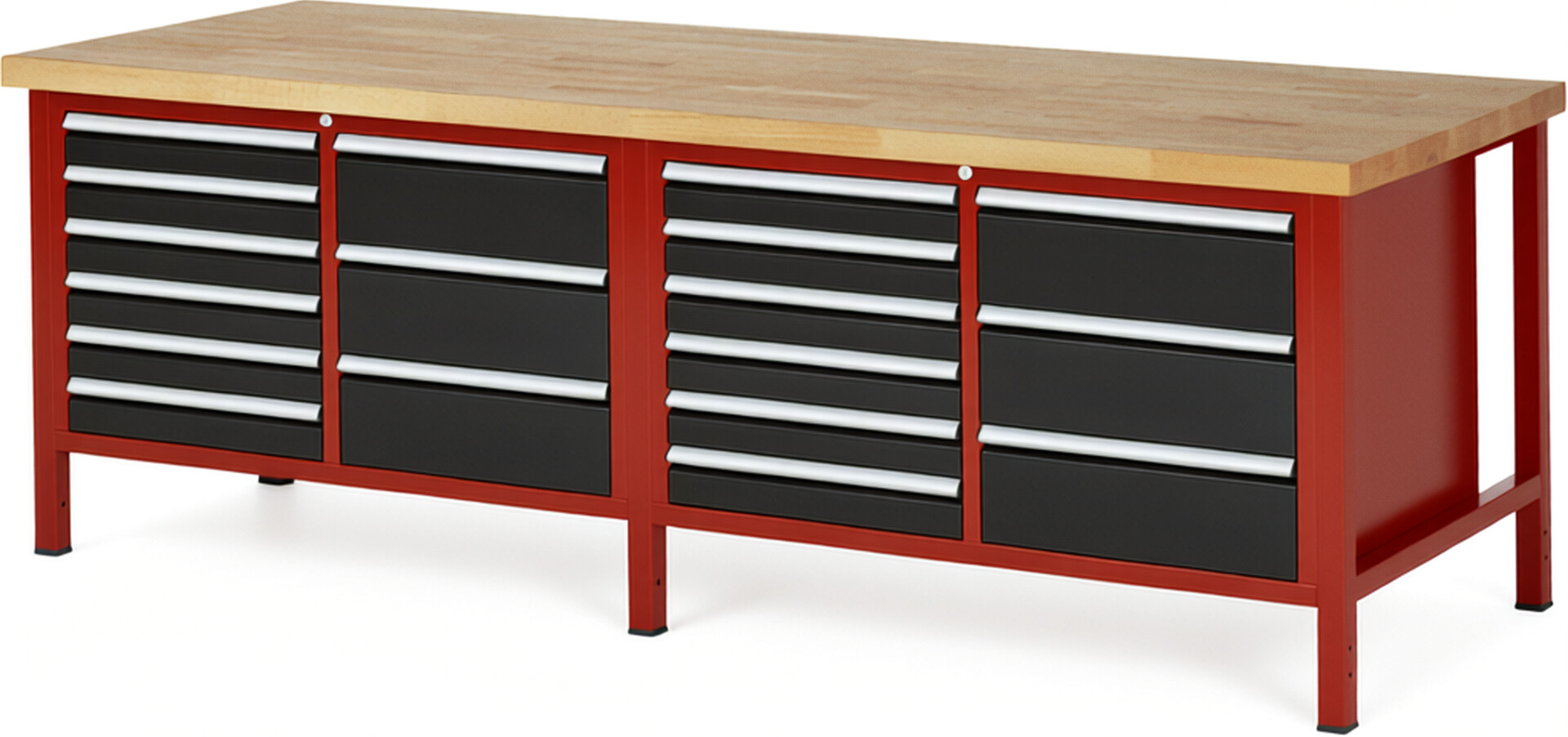 Werkbank Modell 8479 rot - schwarz, BxTxH 2500x900x840 mm,  Buche-Massiv Arbeitsplatte 40 mm,  18 Schubladen mit  Vollauszug 100 % und  SoftClosing