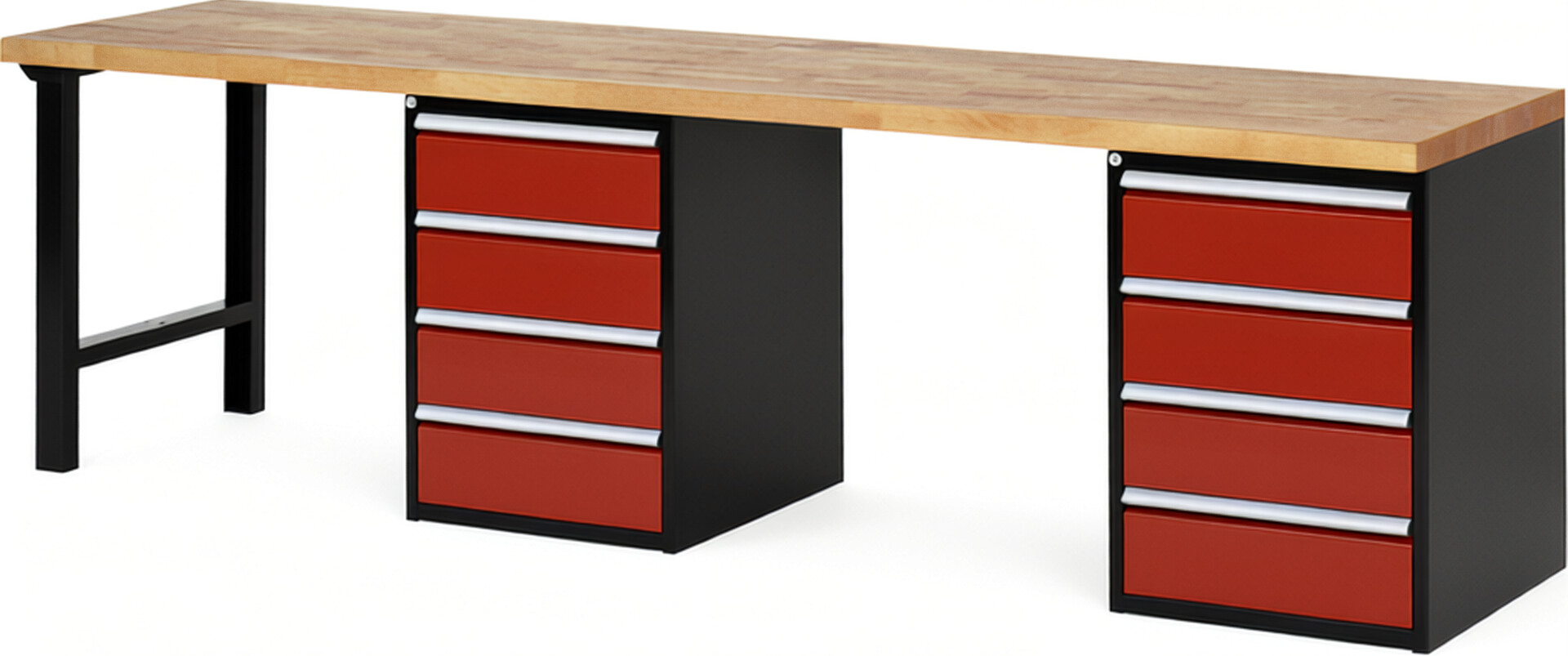 RAU Werkbank schwarz - rot - Breite 300 cm - Tiefe 70 cm - Höhe 89 cm - Buche-Massiv Arbeitsplatte 40 mm