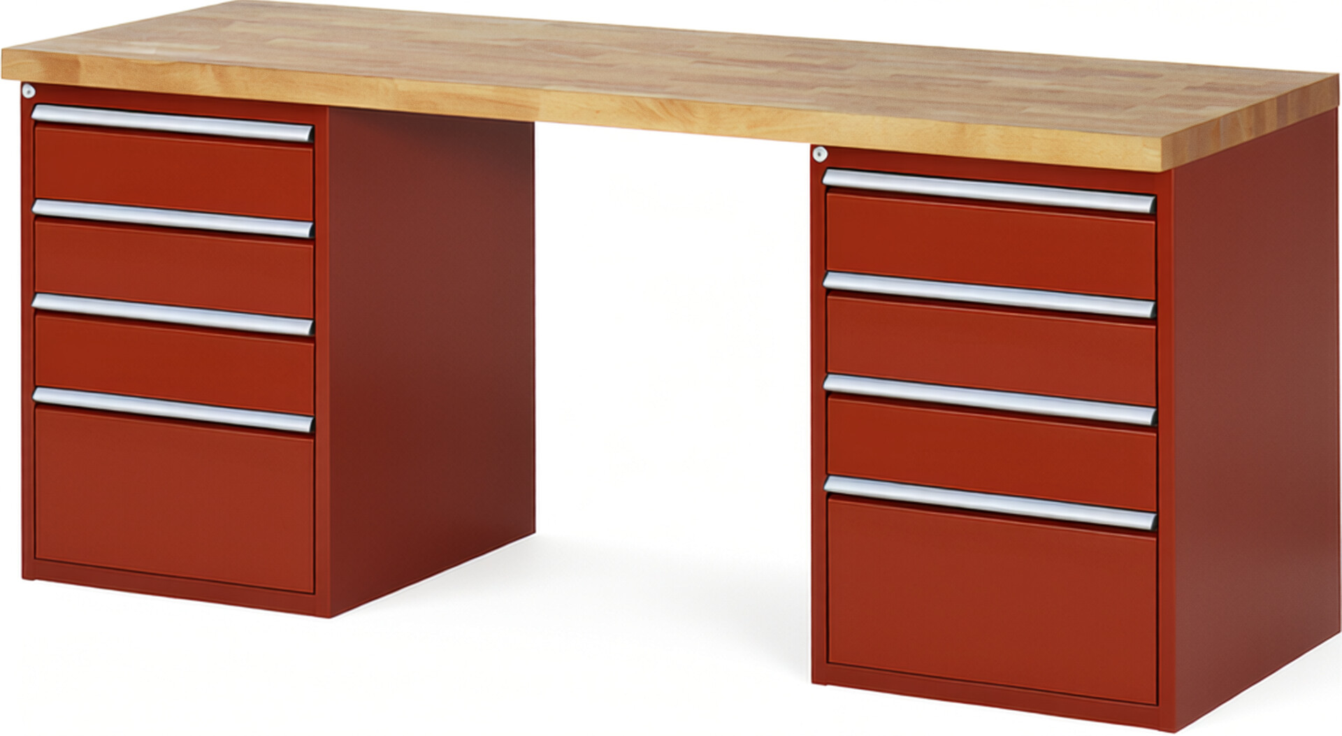 Werkbank Modell 7510 rot, BxTxH 2000x700x890 mm,  Buche-Massiv Arbeitsplatte 40 mm,  8 Schubladen mit  Auszug 90 %