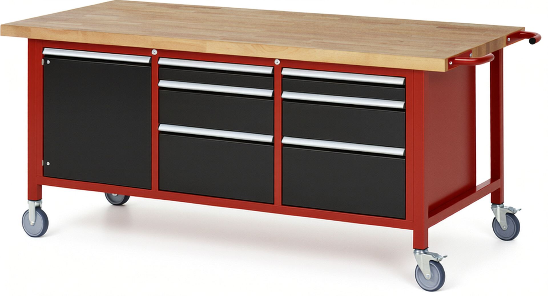 Fahrbare Werkbank Modell 8570 rot - schwarz, BxTxH 2000x900x880 mm,  Buche-Massiv Arbeitsplatte 40 mm,  6 Schubladen mit  Vollauszug 100 % und  SoftClosing