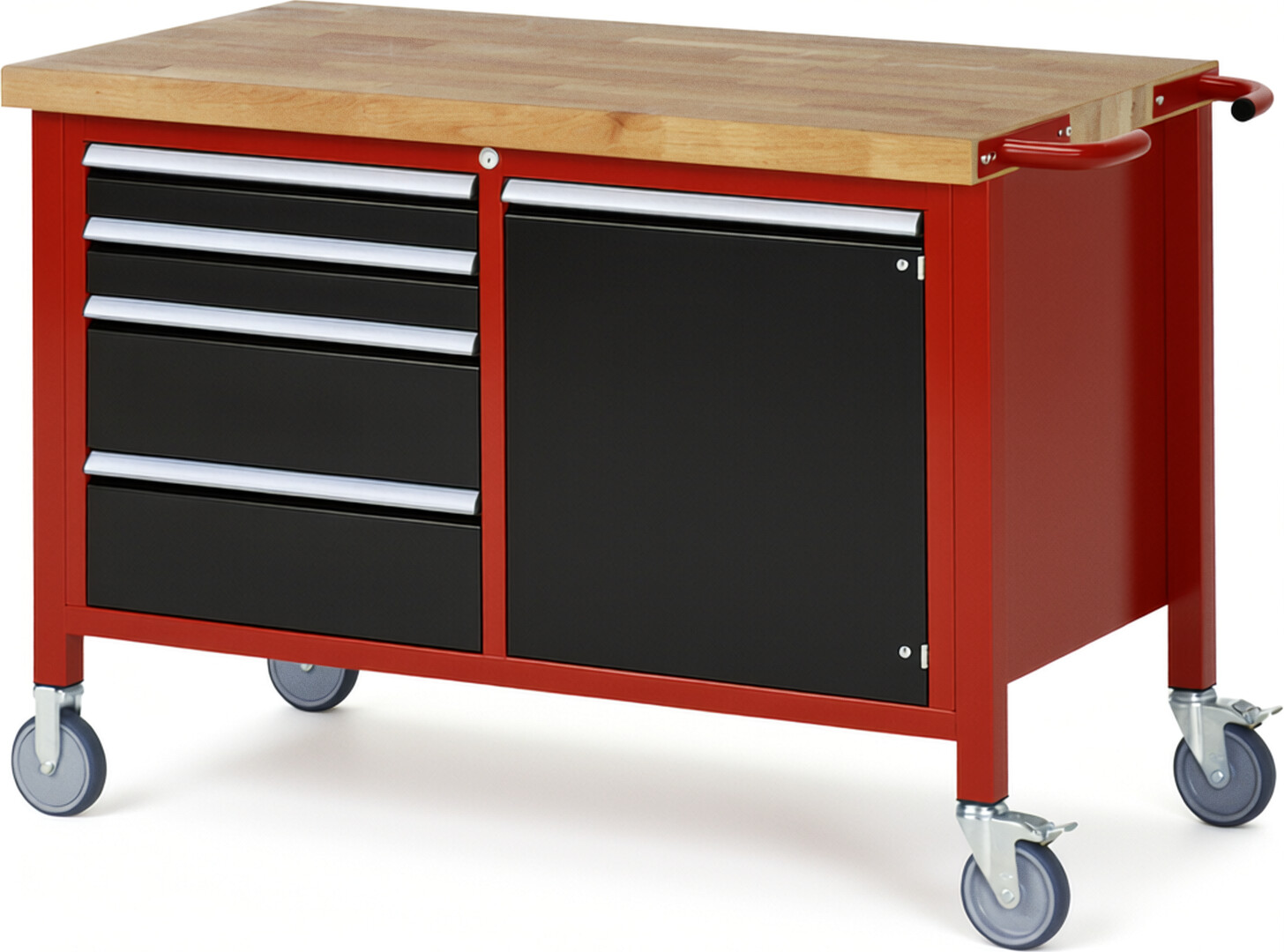 Fahrbare Werkbank Modell 8470 rot - schwarz, BxTxH 1250x700x880-1080 mm,  Buche-Massiv Arbeitsplatte 40 mm,  4 Schubladen mit  Auszug 90 %