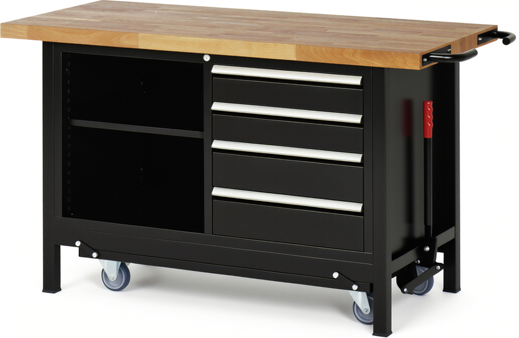 Absenkbare Werkbank Modell 8463 schwarz, BxTxH 1500x700x880 mm,  Buche-Massiv Arbeitsplatte 40 mm,  4 Schubladen mit  Auszug 90 %