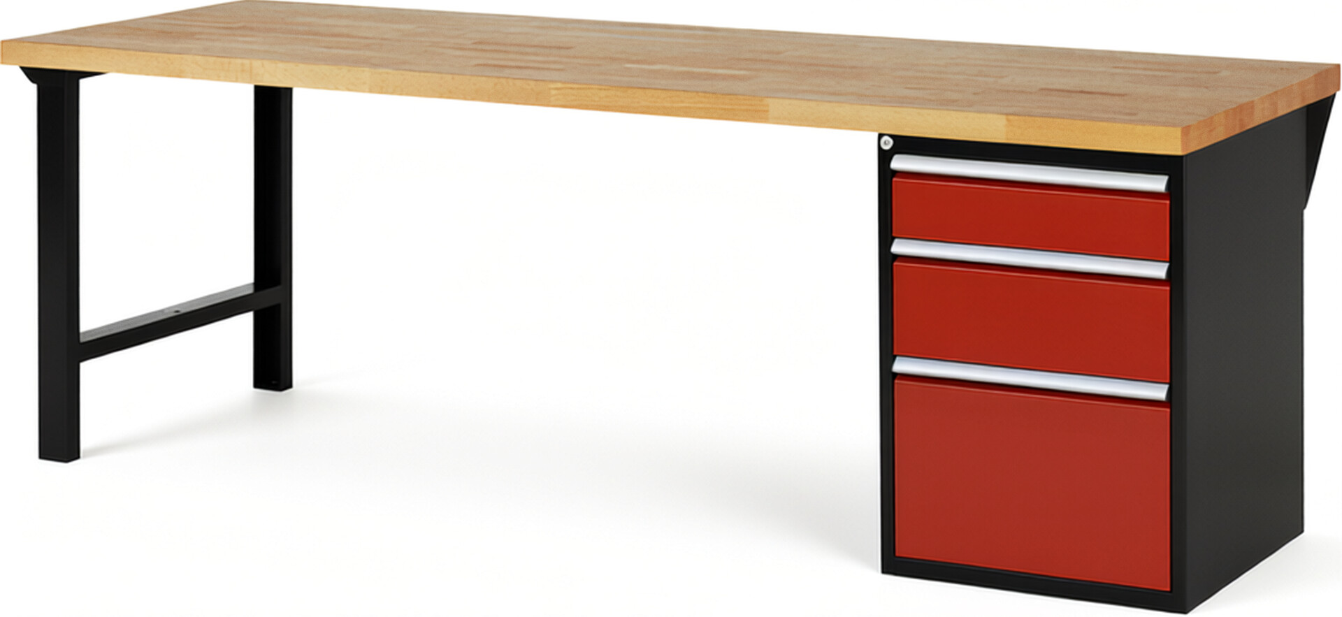 RAU Werkbank schwarz - rot - Breite 250 cm - Tiefe 90 cm - Höhe 89 cm - Buche-Massiv Arbeitsplatte 40 mm