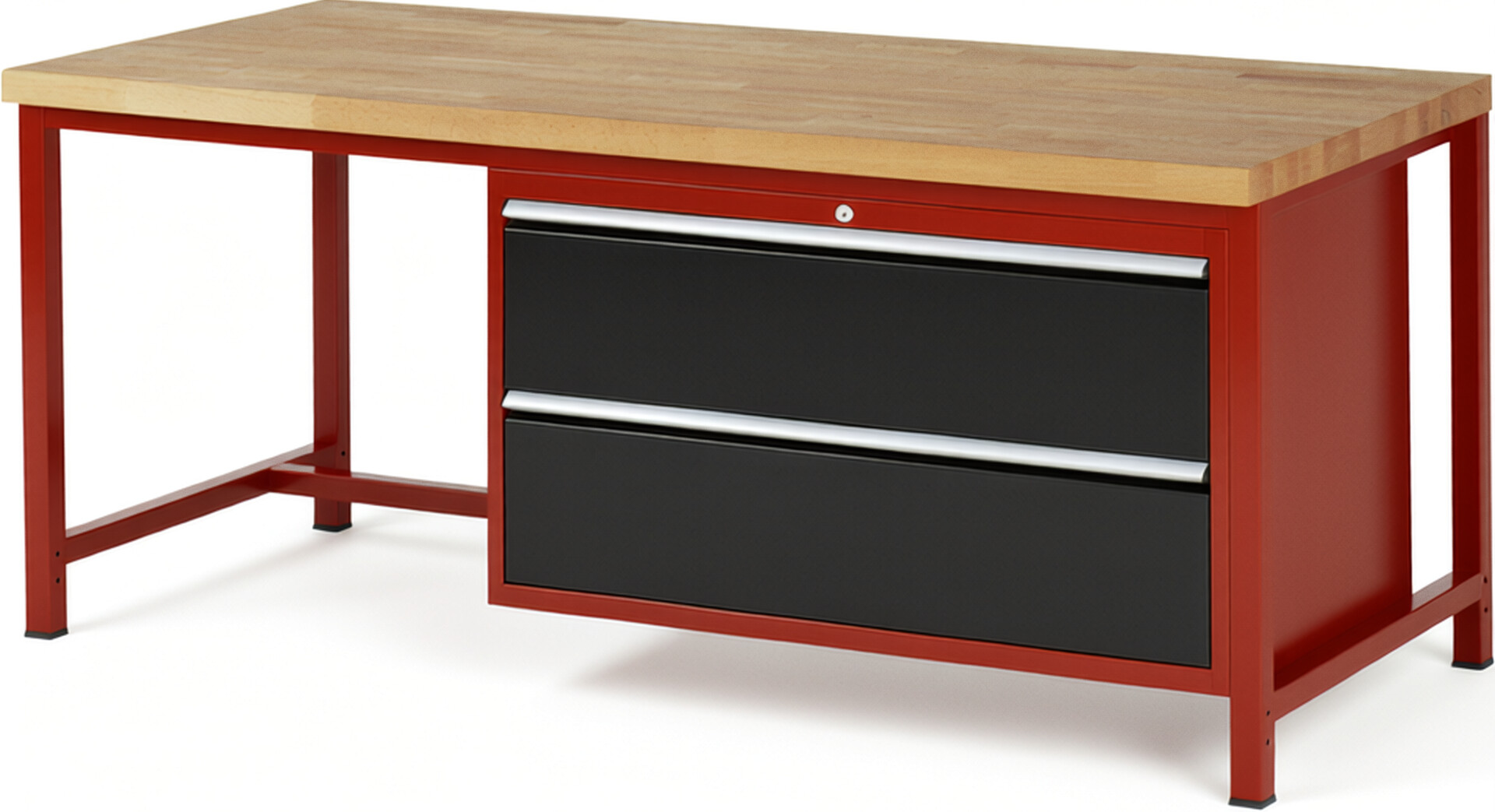 Werkbank Modell 8355 rot - schwarz, BxTxH 2000x900x840 mm,  Buche-Massiv Arbeitsplatte 40 mm,  2 Schubladen mit  Vollauszug 100 % und  SoftClosing