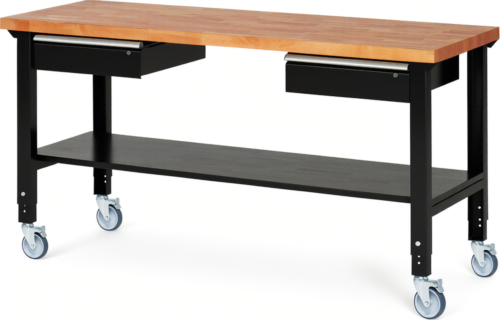 Fahrbare Werkbank Modell 7002 schwarz, BxTxH 2000x700x950-1000 mm,  Buche-Massiv Arbeitsplatte 40 mm,  2 Schubladen mit  Auszug 90 %