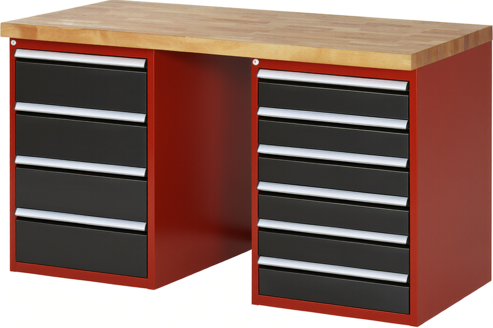 Werkbank Modell 7821 rot - schwarz, BxTxH 1500x700x890 mm,  Buche-Massiv Arbeitsplatte 40 mm,  10 Schubladen mit  Auszug 90 %
