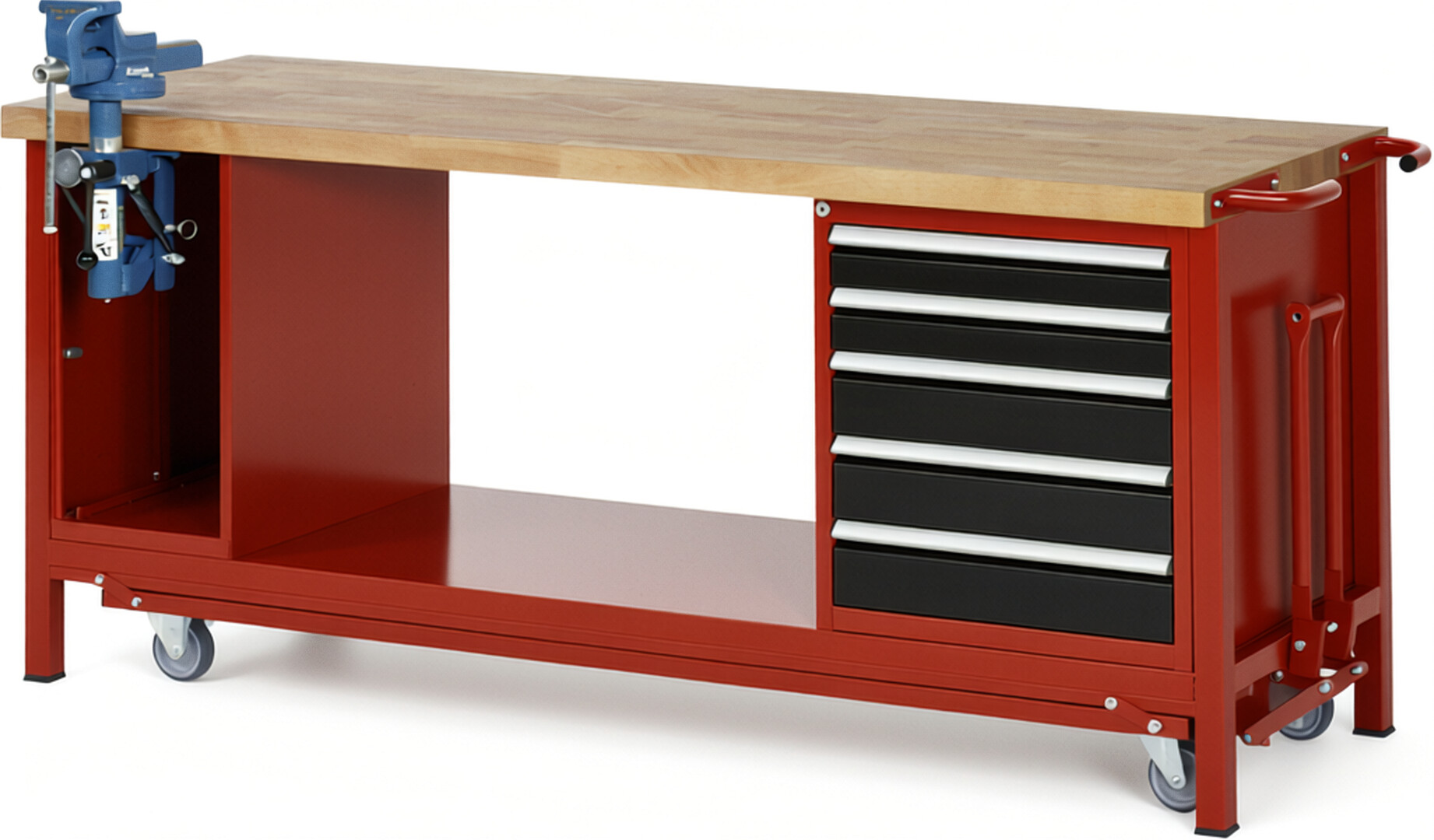 Absenkbare Werkbank Modell 8187 rot - schwarz, BxTxH 2000x700x880 mm,  Buche-Massiv Arbeitsplatte 40 mm,  5 Schubladen mit  Vollauszug 100 % und  SoftClosing