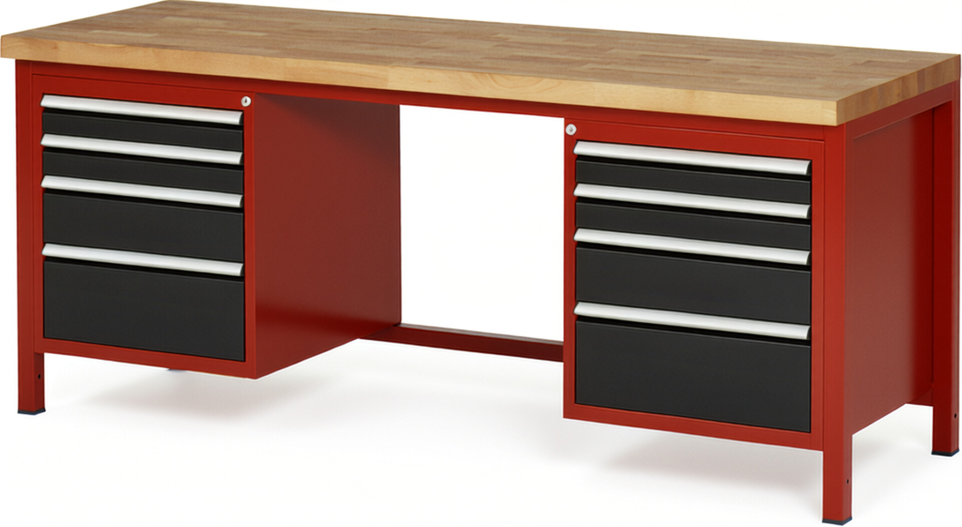 Werkbank Modell 8182 rot - schwarz, BxTxH 2000x700x840-1040 mm,  Buche-Massiv Arbeitsplatte 40 mm,  8 Schubladen mit  Auszug 90 %