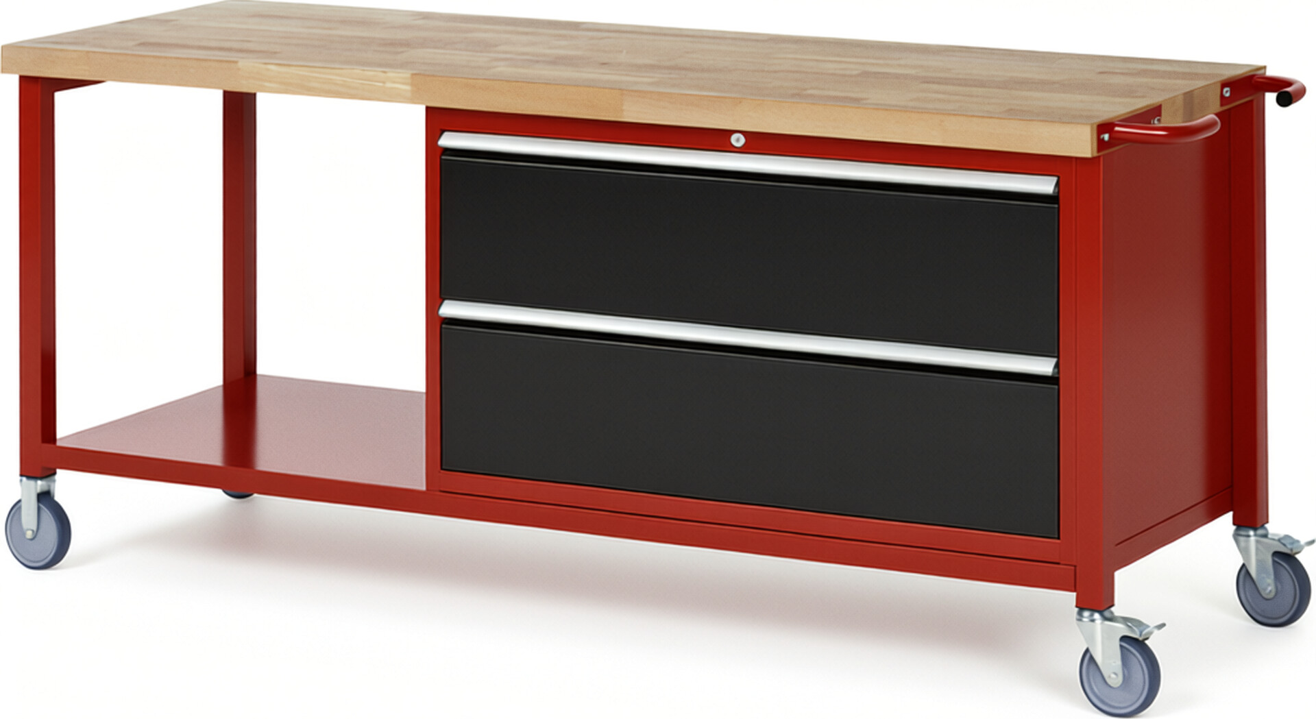 Fahrbare Werkbank Modell 8355 rot - schwarz, BxTxH 2000x700x880 mm,  Buche-Massiv Arbeitsplatte 40 mm,  2 Schubladen mit  Auszug 90 %