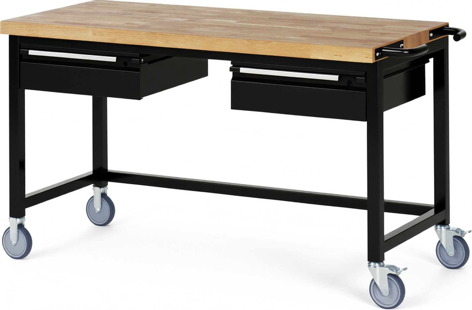 Fahrbare Werkbank - Modell 8002 BASIC schwarz, BxTxH 1500x700x880 mm,  Buche-Massiv Arbeitsplatte 40 mm,  2 Schubladen mit  Auszug 90 %