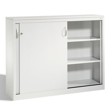 Aktenschrank mit Schiebetüren, Büroschrank, Stahlschrank, 2 Fachböden, Korpusfarbe lichtgrau, Frontfarbe lichtgrau, 1.225 x 1.600 x 400 mm (HxBxT)