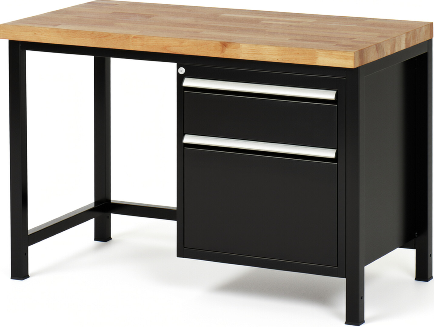 Werkbank Modell 8156 schwarz, BxTxH 1250x700x840-1040 mm,  Buche-Massiv Arbeitsplatte 40 mm,  2 Schubladen mit  Auszug 90 %