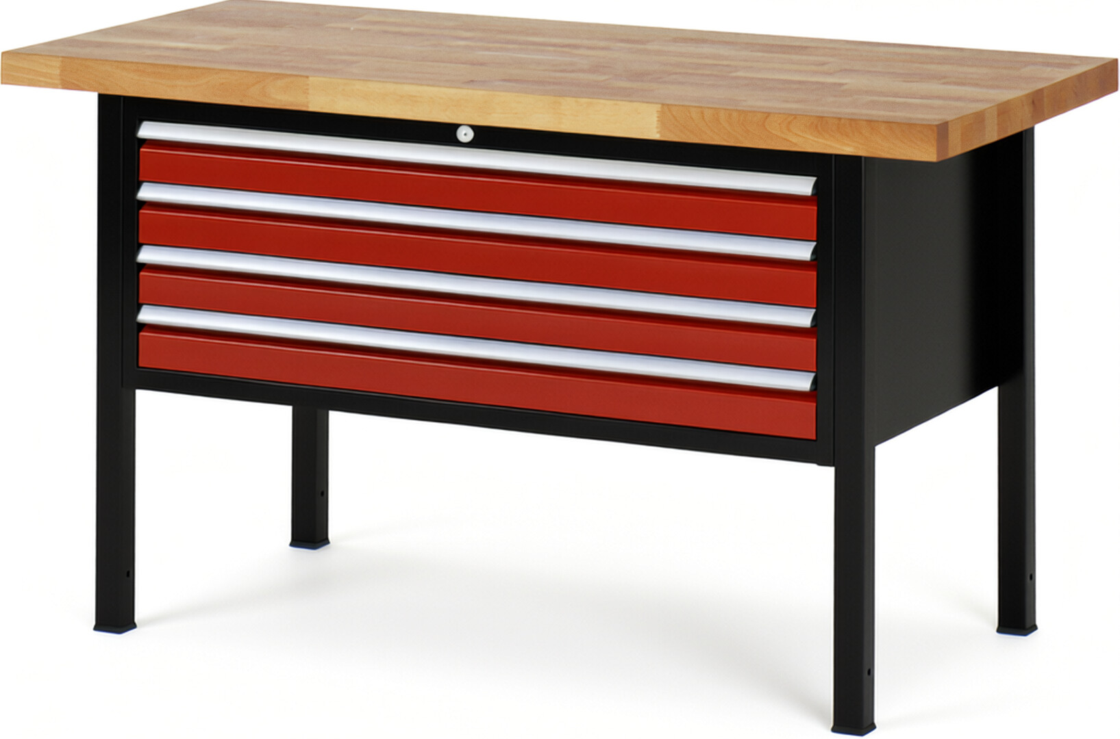 RAU Werkbank schwarz - rot - Breite 150 cm - Tiefe 70 cm - Höhe 104 cm - Buche-Massiv Arbeitsplatte 40 mm