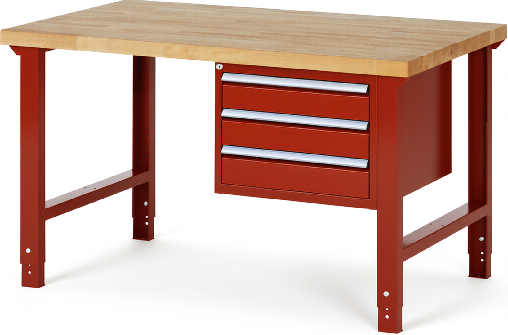 Werkbank Modell 7127 rot, BxTxH 1500x900x790-1140 mm,  Buche-Massiv Arbeitsplatte 40 mm,  3 Schubladen mit  Vollauszug 100 % und  SoftClosing
