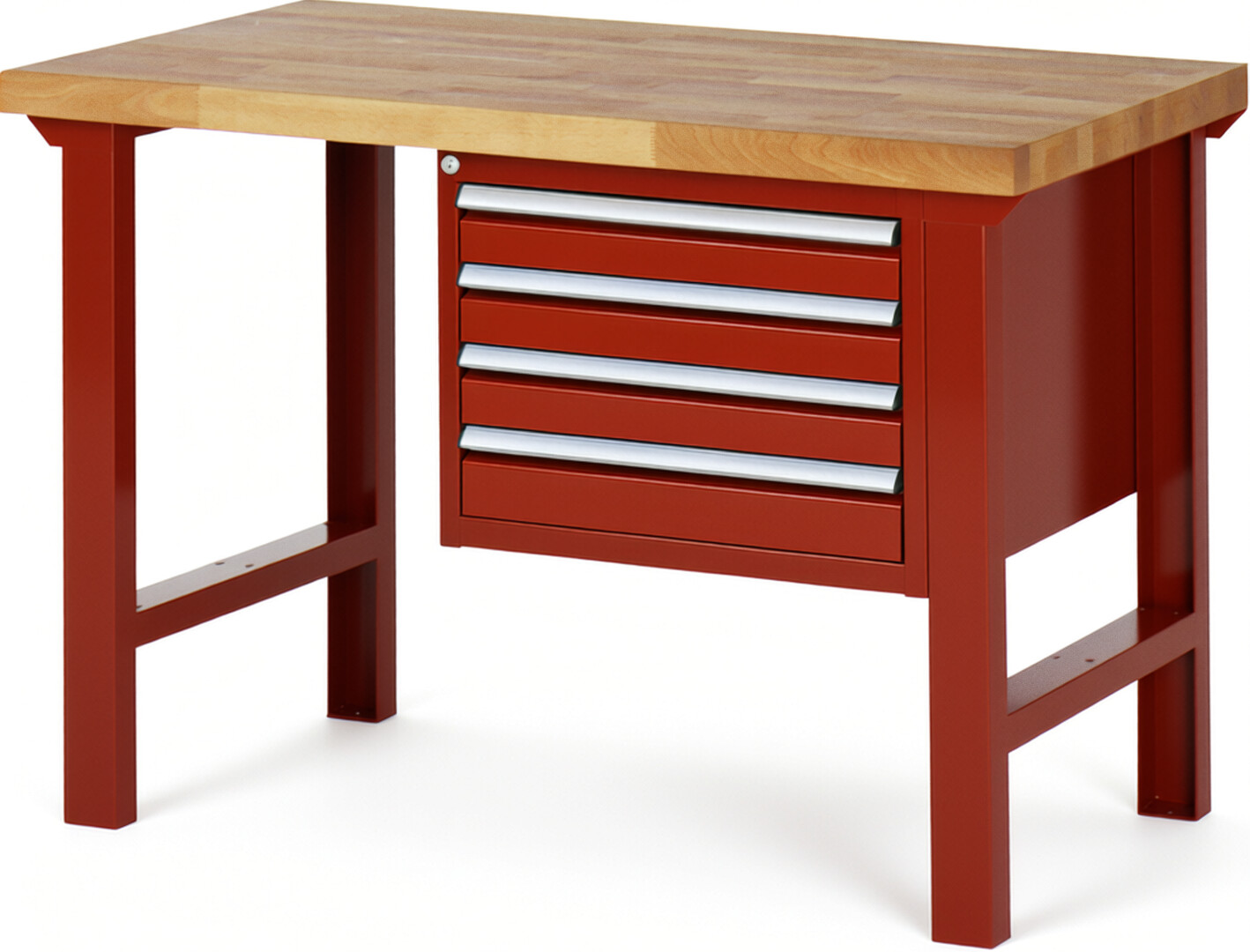 Werkbank Modell 7133 rot, BxTxH 1250x700x840 mm,  Buche-Massiv Arbeitsplatte 40 mm,  4 Schubladen mit  Vollauszug 100 % und  SoftClosing