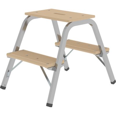 Trittleiter, Stufentritt, Stufen und Deckbrett aus Holz, Holme aus Stahl, grau beschichtet, Arbeitsh. ca. 2,40 m, Höhe Deckbrett 0,49 m, 2 Stufen inkl. Deckbrett