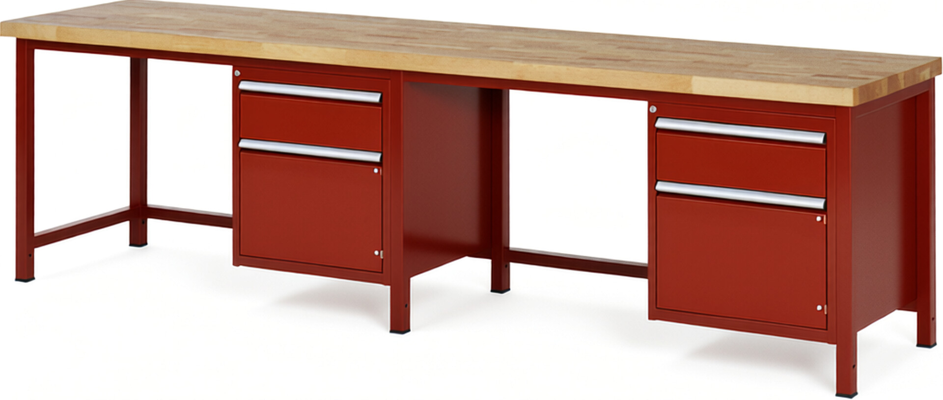 Werkbank Modell 8152 rot, BxTxH 3000x700x840 mm,  Buche-Massiv Arbeitsplatte 40 mm,  2 Schubladen mit  Vollauszug 100 % und  SoftClosing