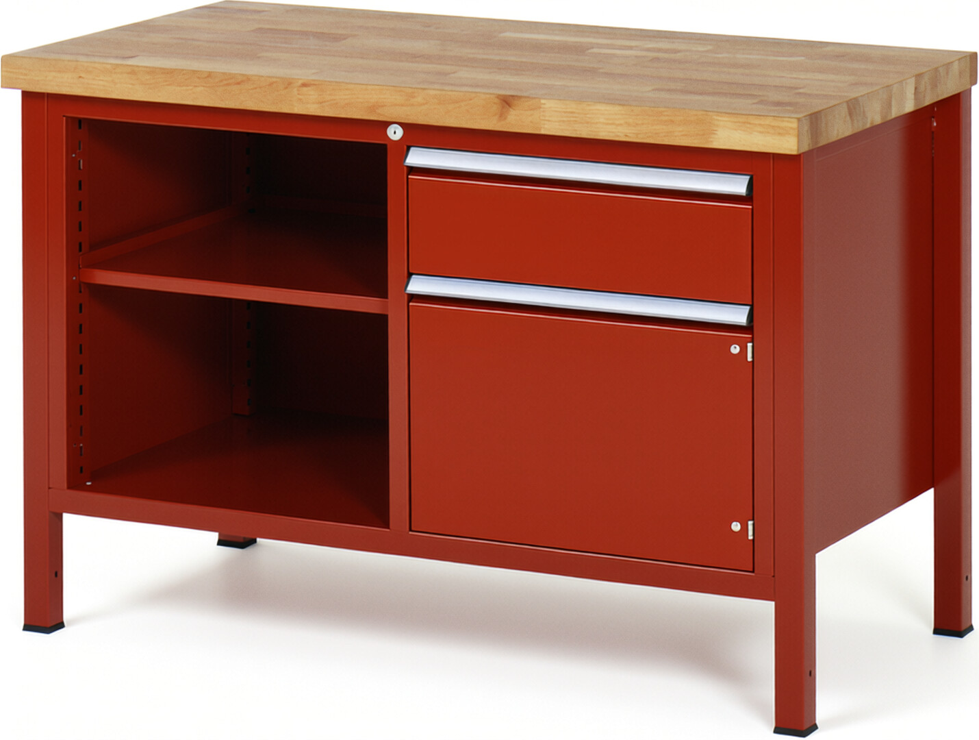 Werkbank Modell 8461 rot, BxTxH 1250x700x840 mm,  Buche-Massiv Arbeitsplatte 40 mm,  1 Schublade mit  Vollauszug 100 % und  SoftClosing