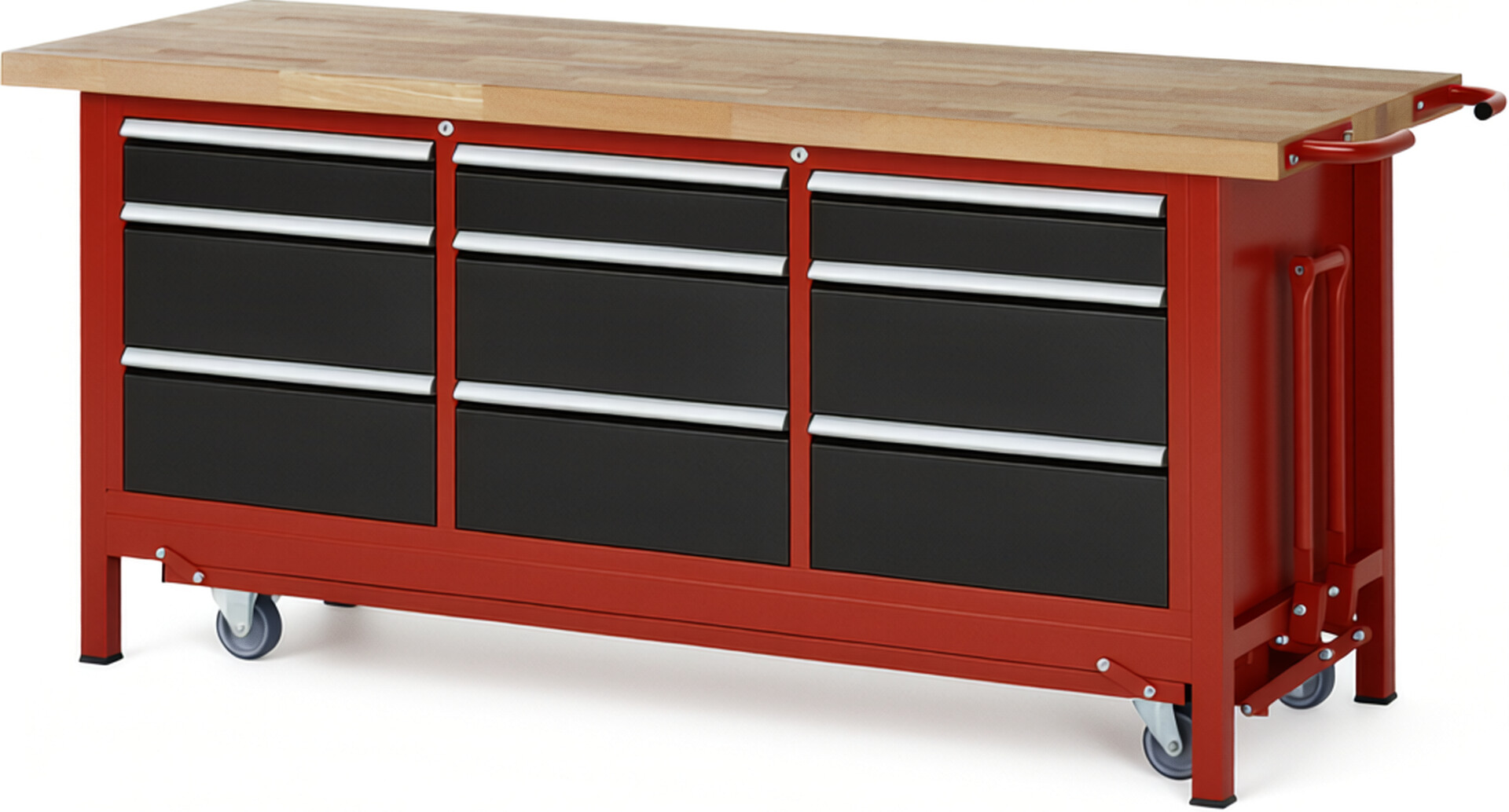 Absenkbare Werkbank Modell 8573 rot - schwarz, BxTxH 2000x700x880 mm,  Buche-Massiv Arbeitsplatte 40 mm,  9 Schubladen mit  Auszug 90 %